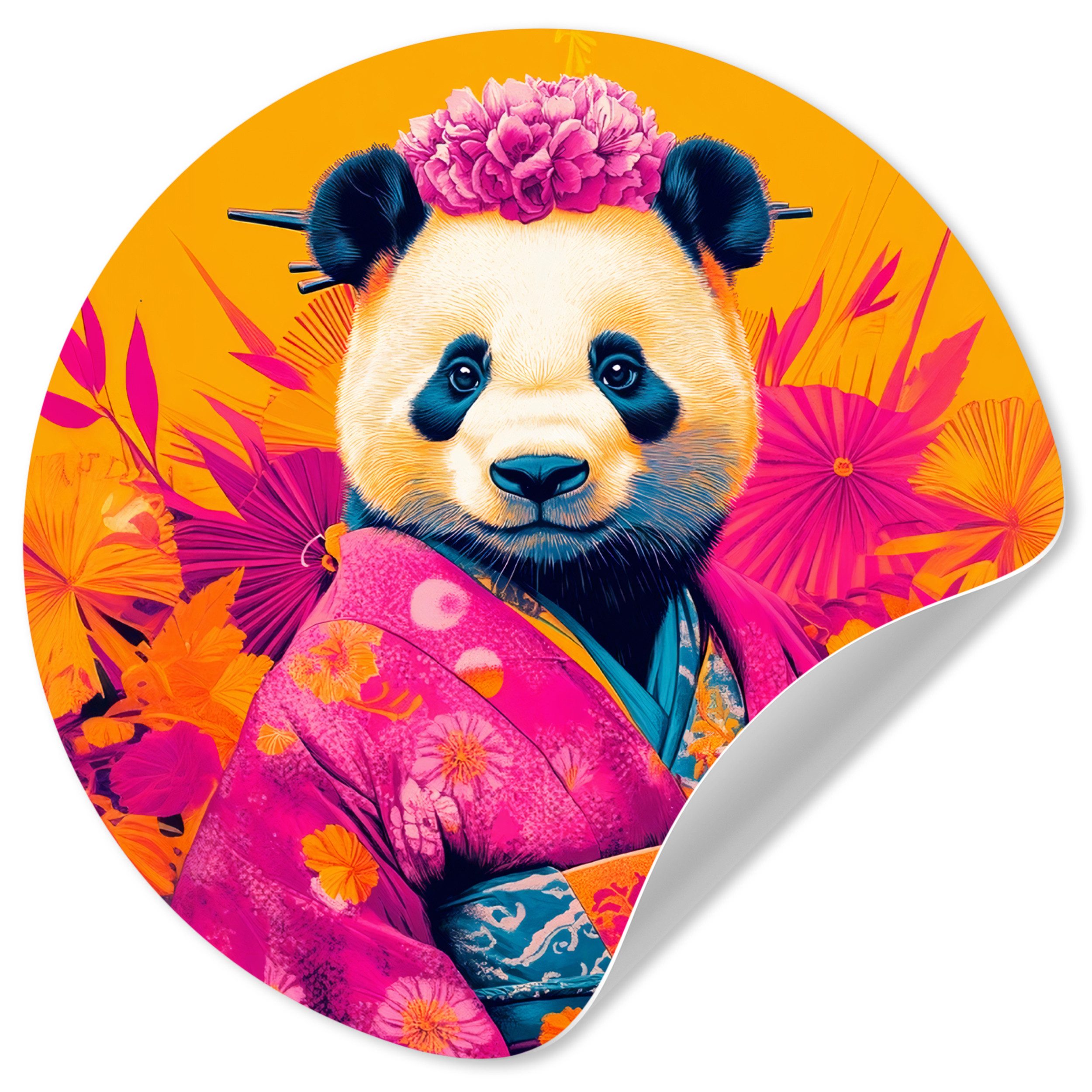 MuchoWow Wandsticker Kimono - Rosa - Panda - Blumenkrone (1 St), Tapetensticker Selbstklebend, Wandbild Wohnzimmer, 80x80 cm