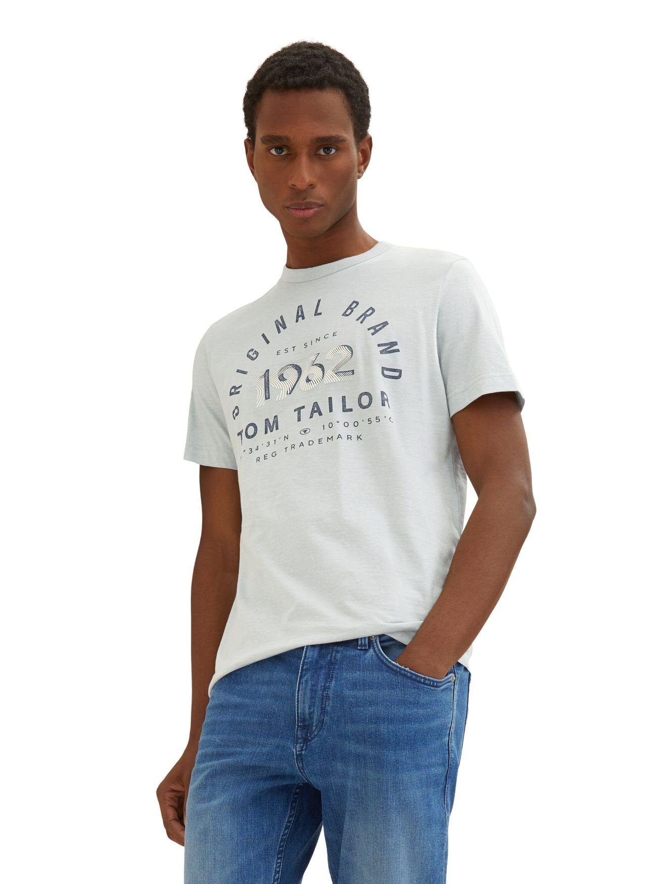 TOM TAILOR T-Shirt Gestreiftes T-Shirt Bedrucktes Rundhals Weiß (1-tlg) mit Shirt Print in 5572