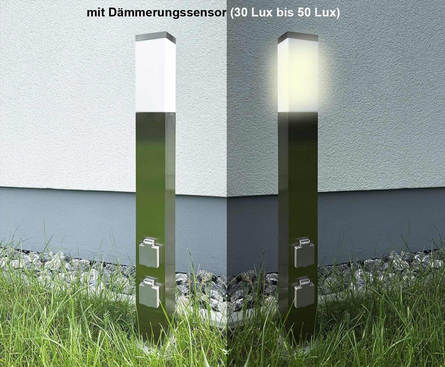 G&L Gartensteckdose LED Pollerleuchte IP44 Gartenstehlampe, Wegeleuchte mit E27-Fassung, Edelstahl Außenleuchte Stehleuchte, mit 2 Steckdosen, Leuchtmittel nich – Bild 4 von 5
