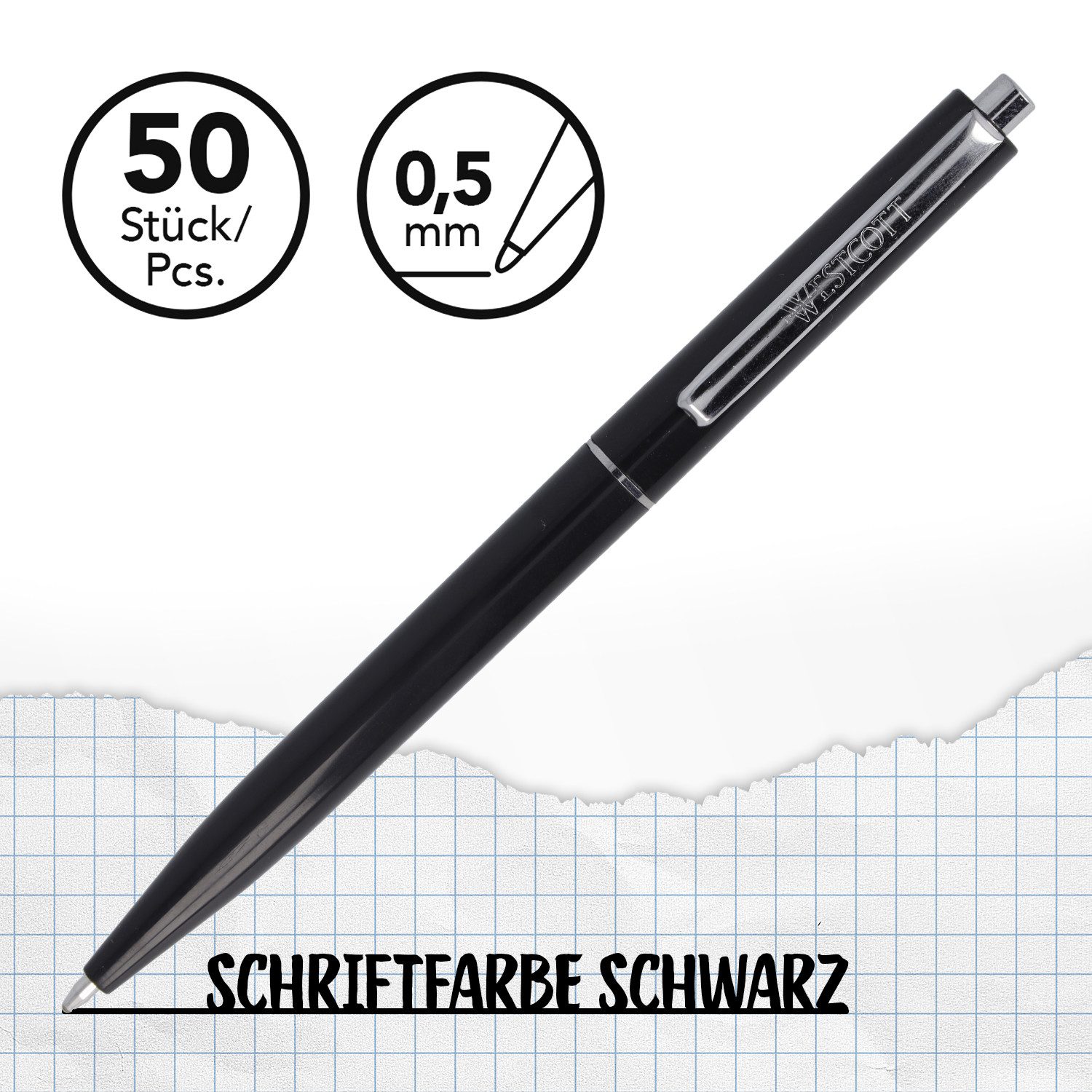 WESTCOTT Druckkugelschreiber Kugelschreiber ALLTIME Schwarz 50 Stück, Strichstärke M, X20 Mine, (Vorteilspack, 50-tlg), Dokumentenecht nach ISO 12757-2, Stabiler Metallclip