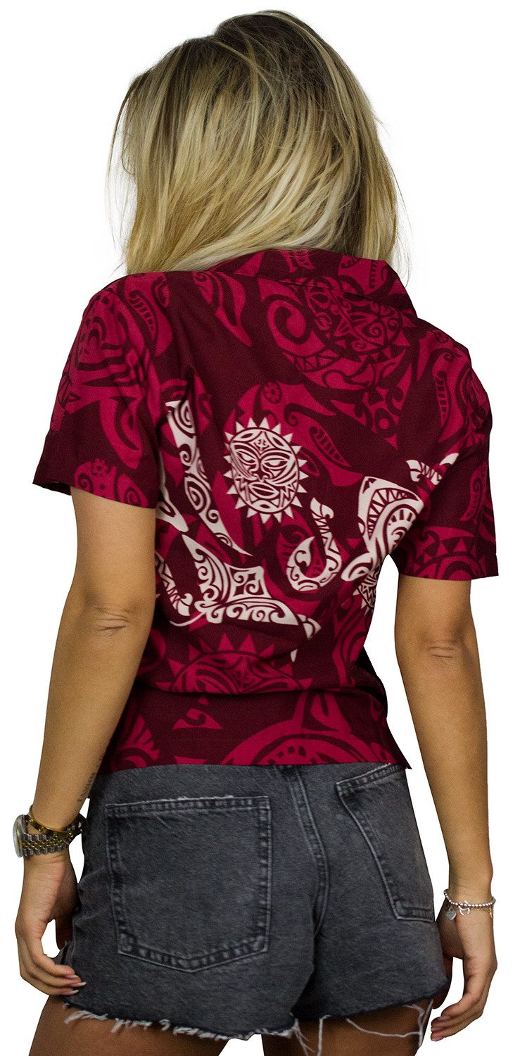 King Kameha Hawaiihemd Maori Chest Funky Hawaiibluse Damen Kurzarm Front-Tasche Stylish