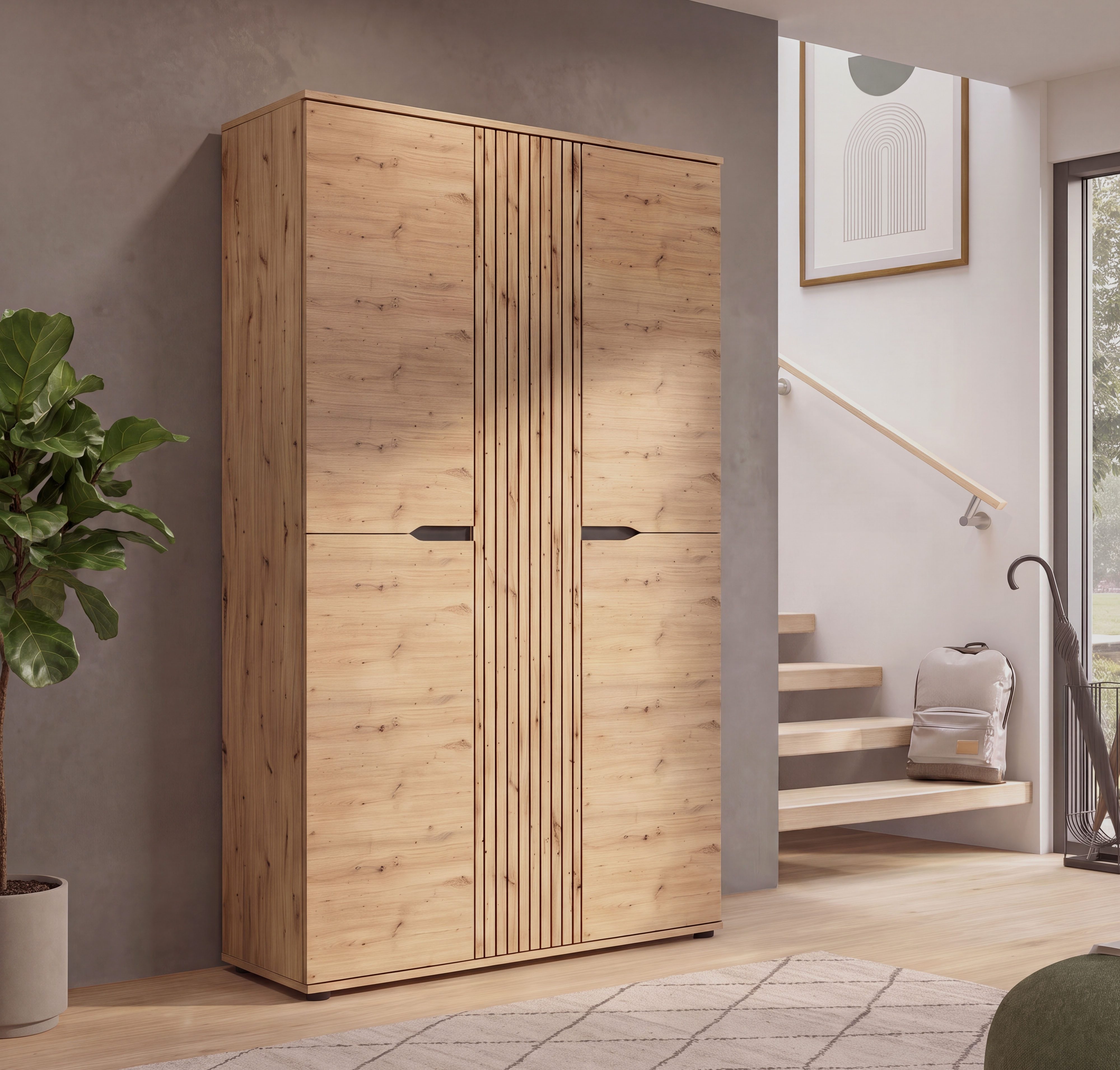 OTTO home Garderobenschrank FJELL, Breite 104cm, 3 Türen, 8 Böden, 10 Fächer, 1 Kleiderstange (hochwertig verarbeitete Längsfräsung, praktische Griffaussparung) Kleiderschrank, Schrank, Dielenschrank, Flurschrank, Mehrzweckschrank