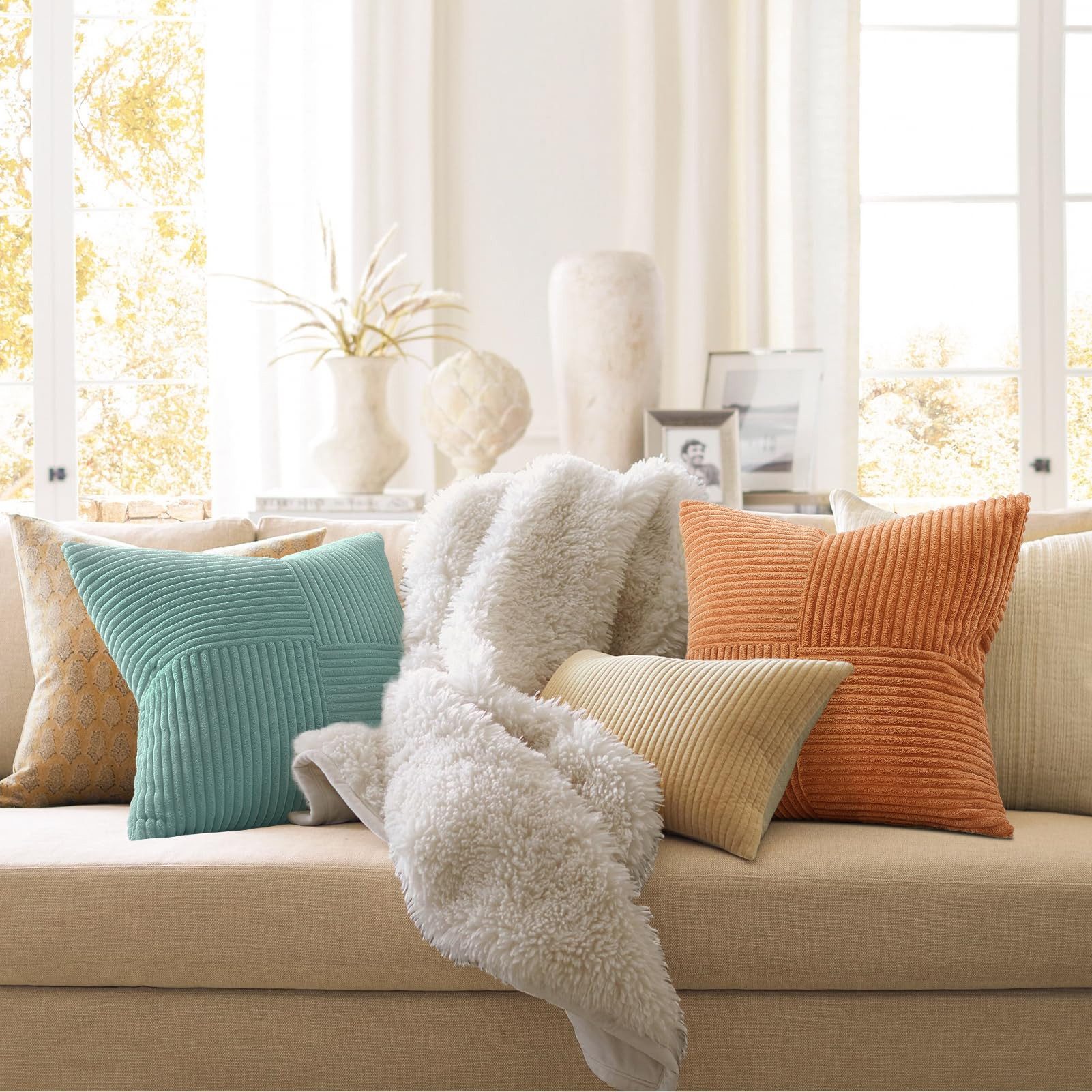 Topfinel Kissenbezug 40x40 4er set Kissenbezüge 50x50 Kordsamt mit Streifen deko Sofa, kissenbezug Orangeblau Farbverlauf Schlafzimmer Weich Hautfreundlich