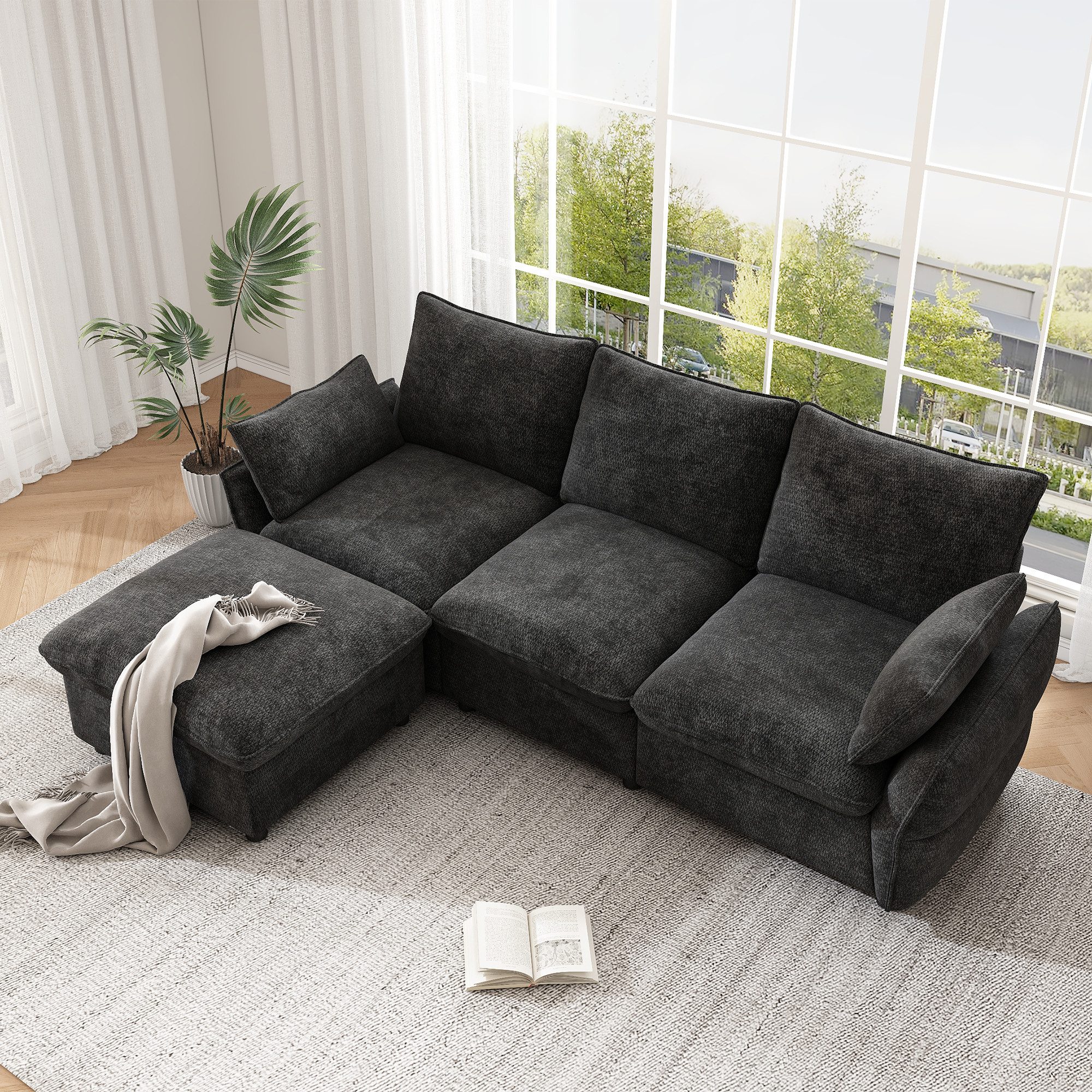Flieks Ecksofa 3-Sitzer Sofa inkl. 1 Hocker & 2 Zierkissen, 222,5×154,5×76,5 cm 1 Teile, L-Form Couch Chaiselongue mit Schlaffunktion, Chenille, Dunkelgrau – Bild 4 von 5