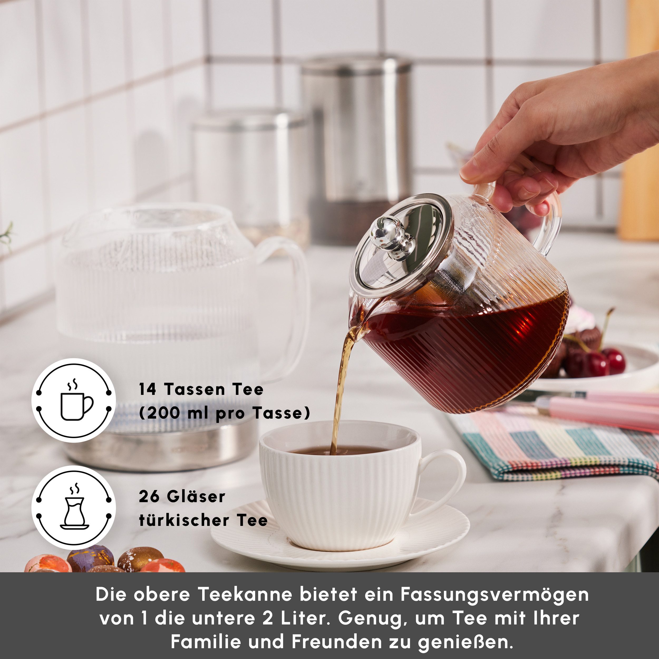 Karaca Teekanne Karaca Keops XL Borosilikat Glas-Teekannen-Set, 1.95L, Silber-Design, 1.95 l, Induktionsgeeignet, elegantes Design – Bild 3 von 5