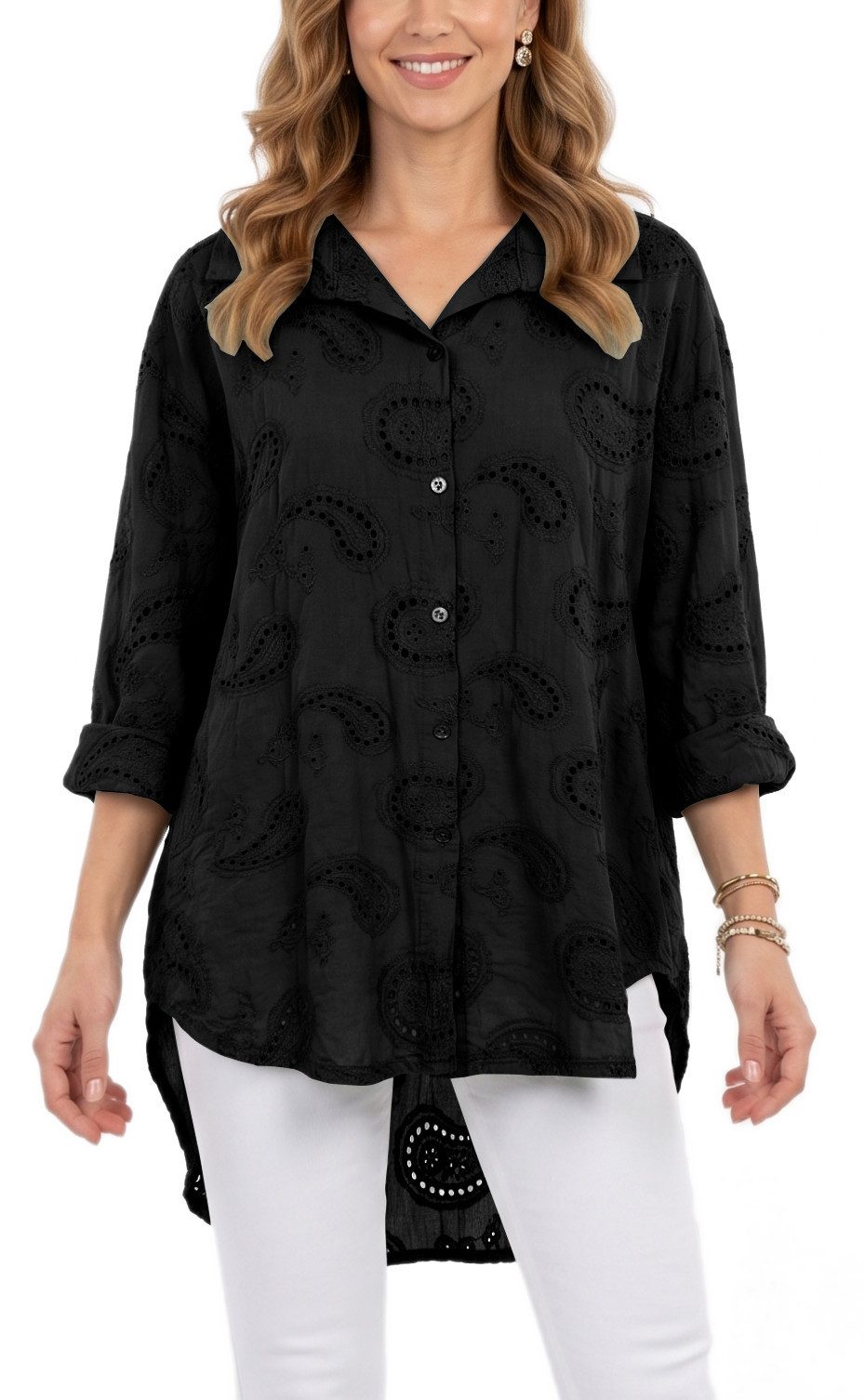 dy_mode Longbluse Damen Longbluse Oversize Tunika Boho Baumwollbluse Sommerbluse in Unifarbe, mit Paisley Lochstickerei, in Vokuhila-Schnitt