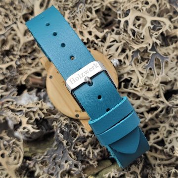 Holzwerk Quarzuhr RAINBOW BLUE bunte kleine Damen Leder & Holz Armband Uhr, türkis, blau