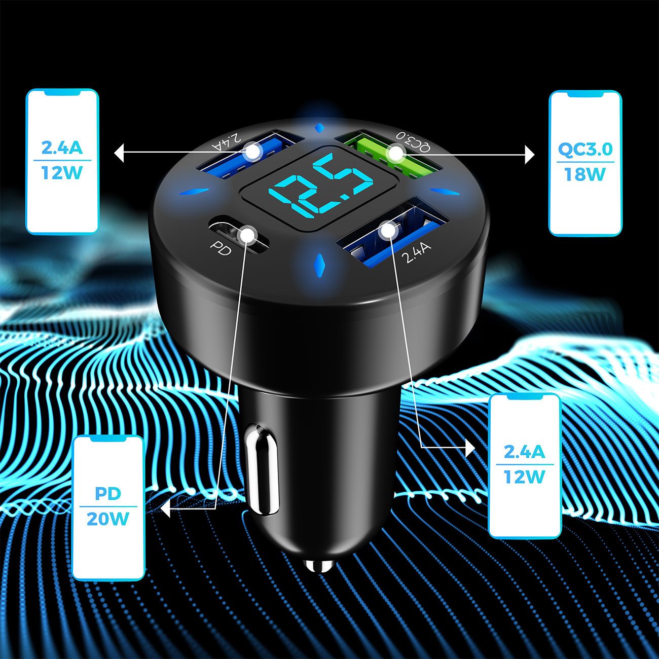 Casativo Beleuchtetes 4 Port Auto USB-Ladegerät USB-Ladegerät (1-tlg., 50 Watt, Spannungsanzeige, 1x USB-C & 3x USB-A) – Bild 2 von 5