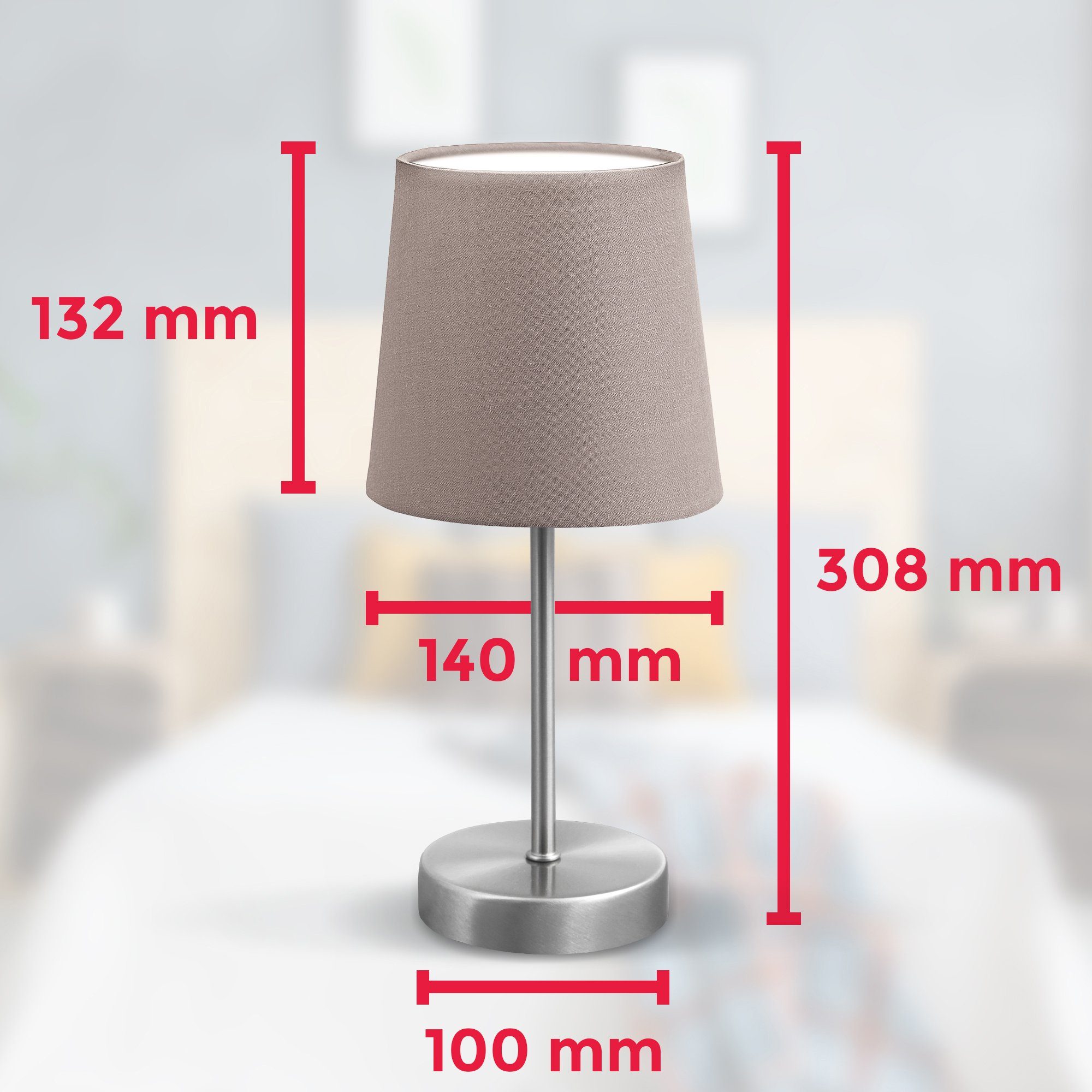 B.K.Licht Tischleuchte, ohne LED Schalter matt-nickel taupe mit E14 IP20 Stoff Nachttischlampe Leuchtmittel