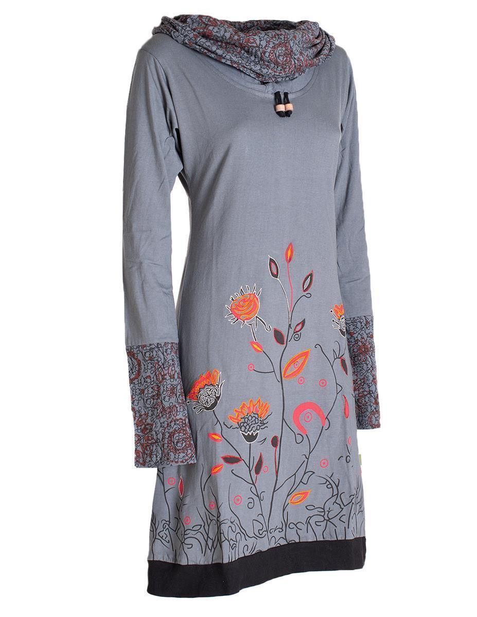 Vishes Jerseykleid Blumen-Kleid Langarm-Shirtkleid Schal-Kragen Baumwolle Hippie, Goa, Ethno Elfen Style