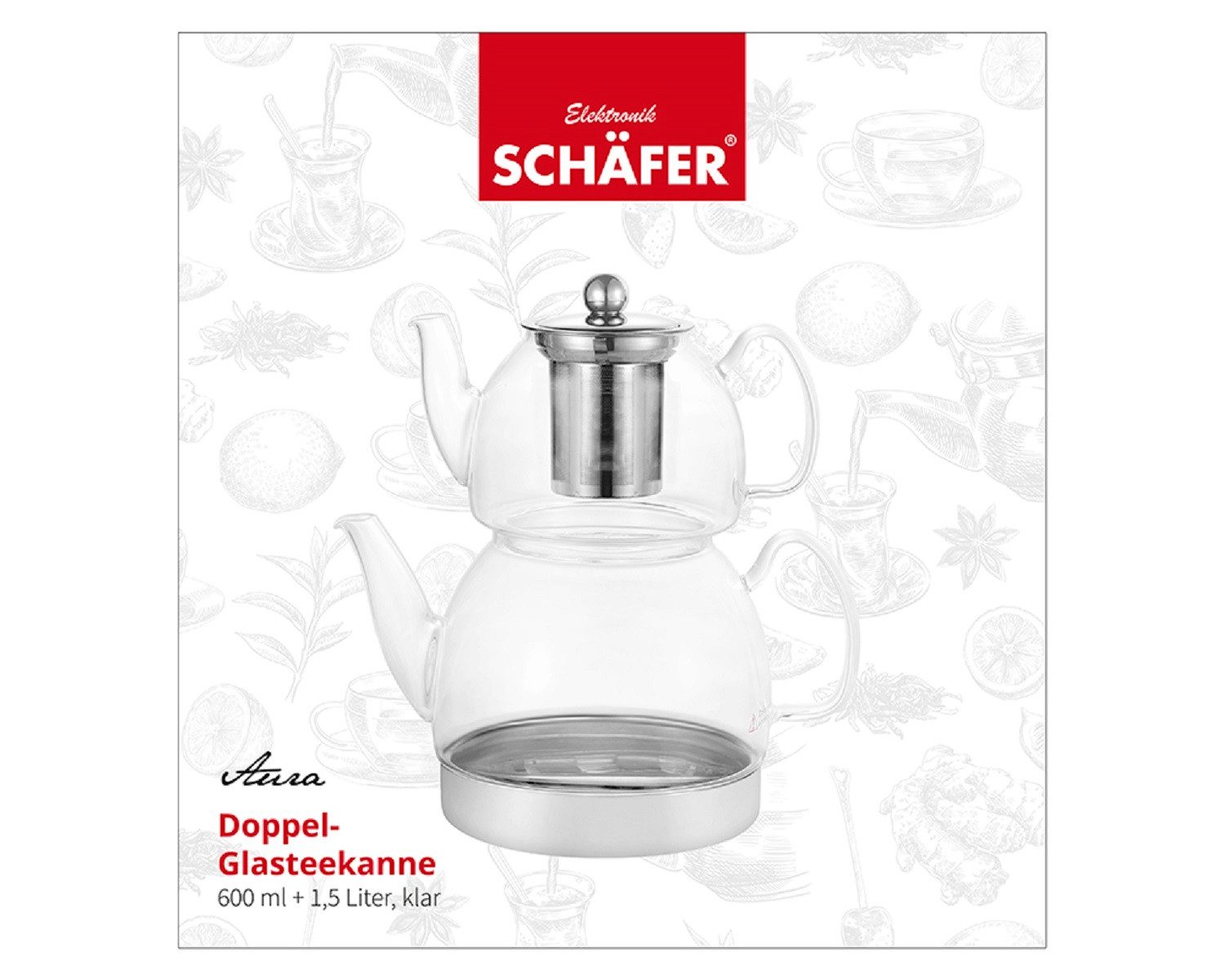 Schäfer Elektronik Caydanlik-Teekanne Doppel-Glasteekanne mit Edelstahlfuß 600 ml & 1,5 L