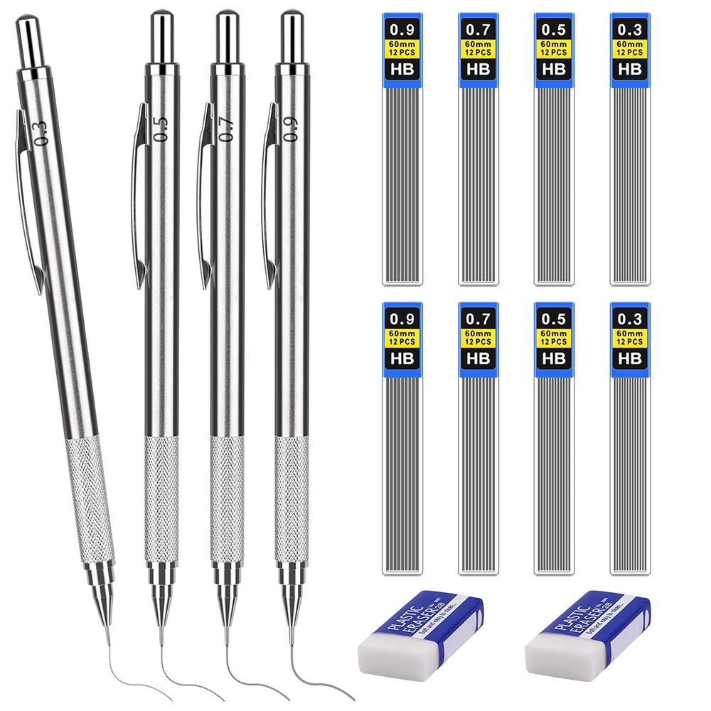 AFKSMILE Druckbleistift Druckbleistift,4Pcs Mechanical Pencil,2 Radiergummi,8 Tuben Mine, (8-tlg), 0,3/0,5/0,7/0.9 mm, Bleistiftmine HB Mienenbleistift,für Skizzieren