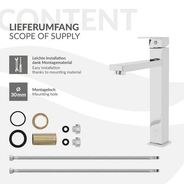 LuxeBath Waschtischarmatur Wasserhahn Mischbatterie Einhebelmischer Armaturen Chrom Edelstahl-Messing Eckig mit Zugstange