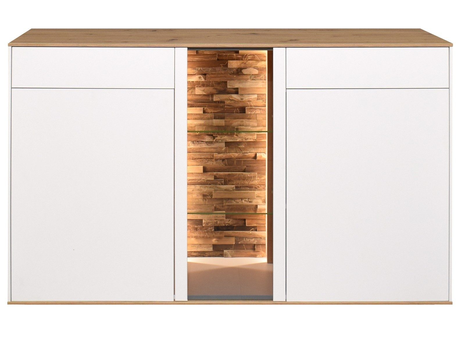 Storado Sideboard Faro 159–169×90×42cm, Sideboard mit Glasfach, Farbe wählbar, LED-Beleuchtung, Push-to-open und gedämpfte Türen