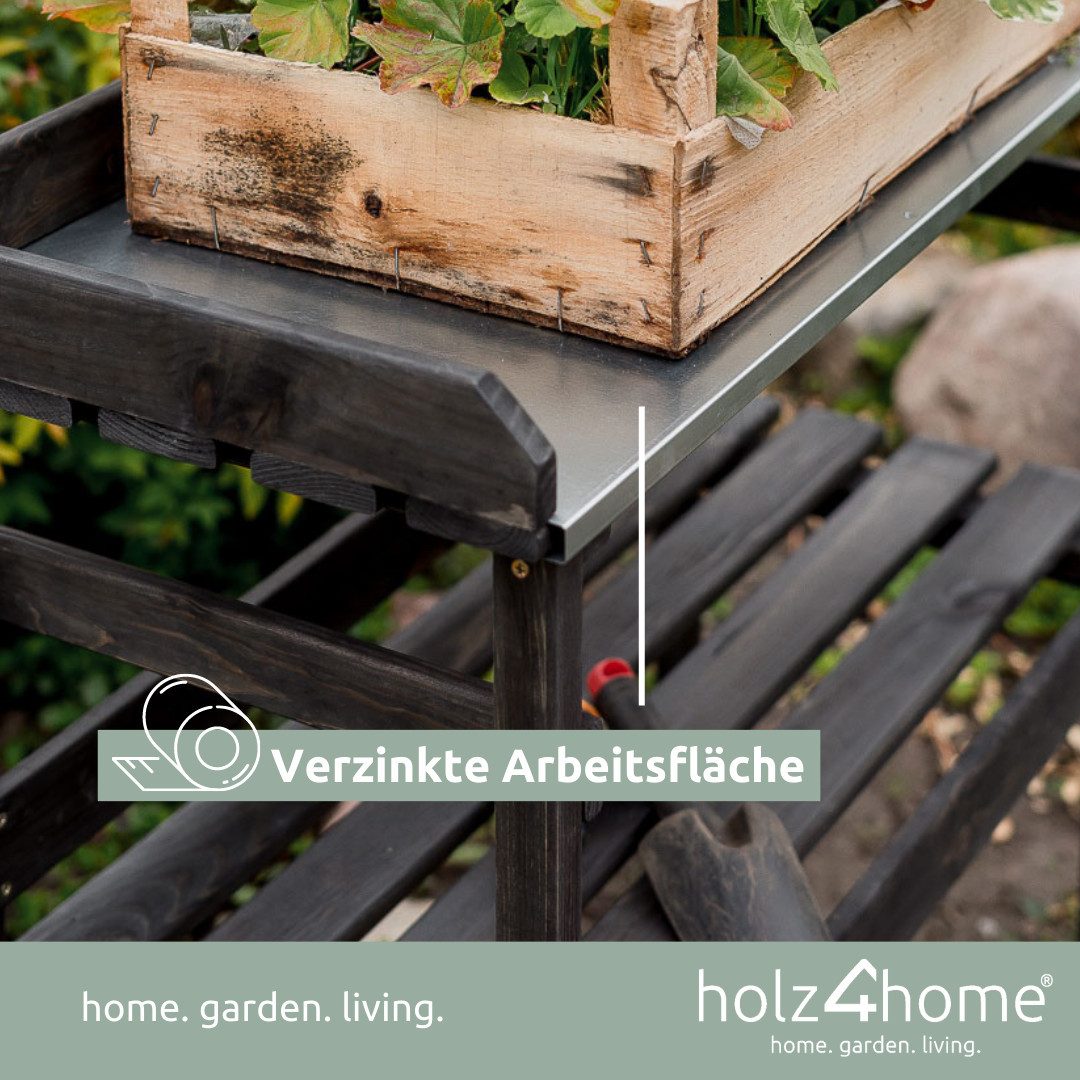 holz4home® Pflanztisch Gartentisch aus Holz für Gartenarbeiten & Pflanzen, Dunkler Look, Verzinkte Arbeitsplatte