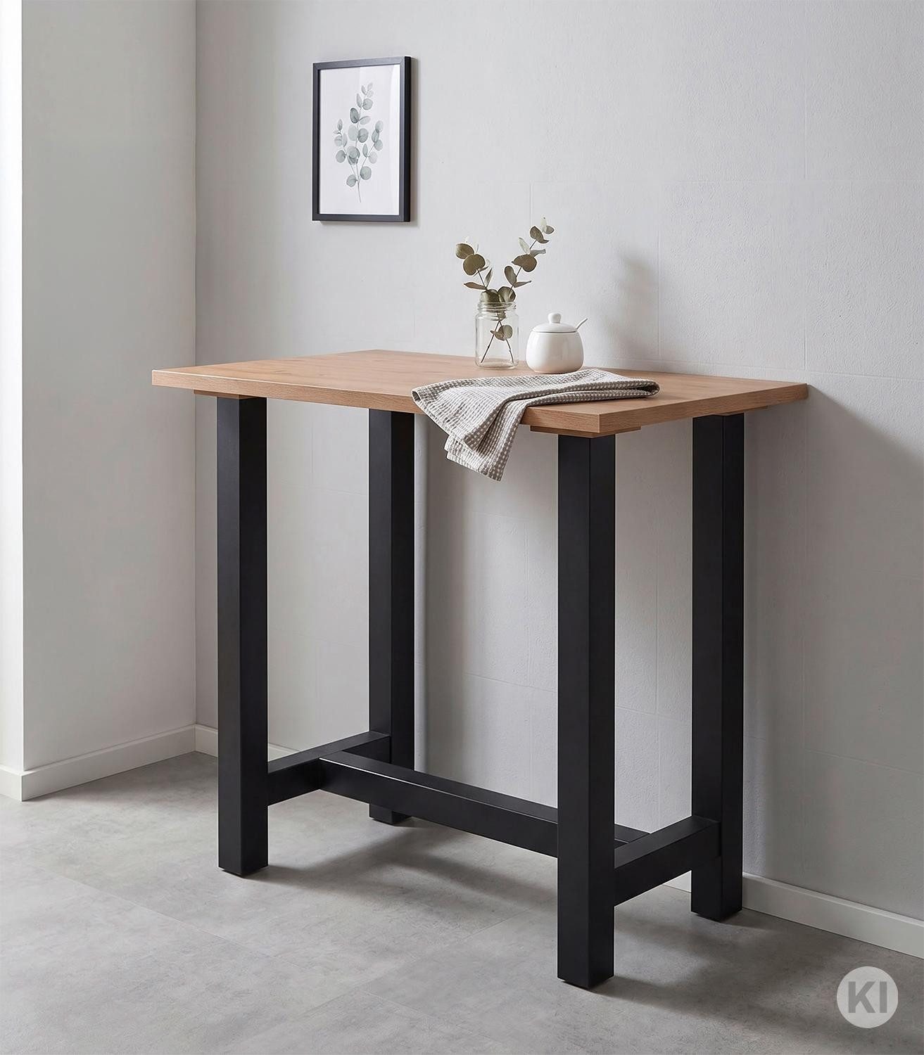 Mäusbacher Bartisch SYSTEM, 120 x 70 cm, Asteiche Dekor, Schwarzstahl Dekor