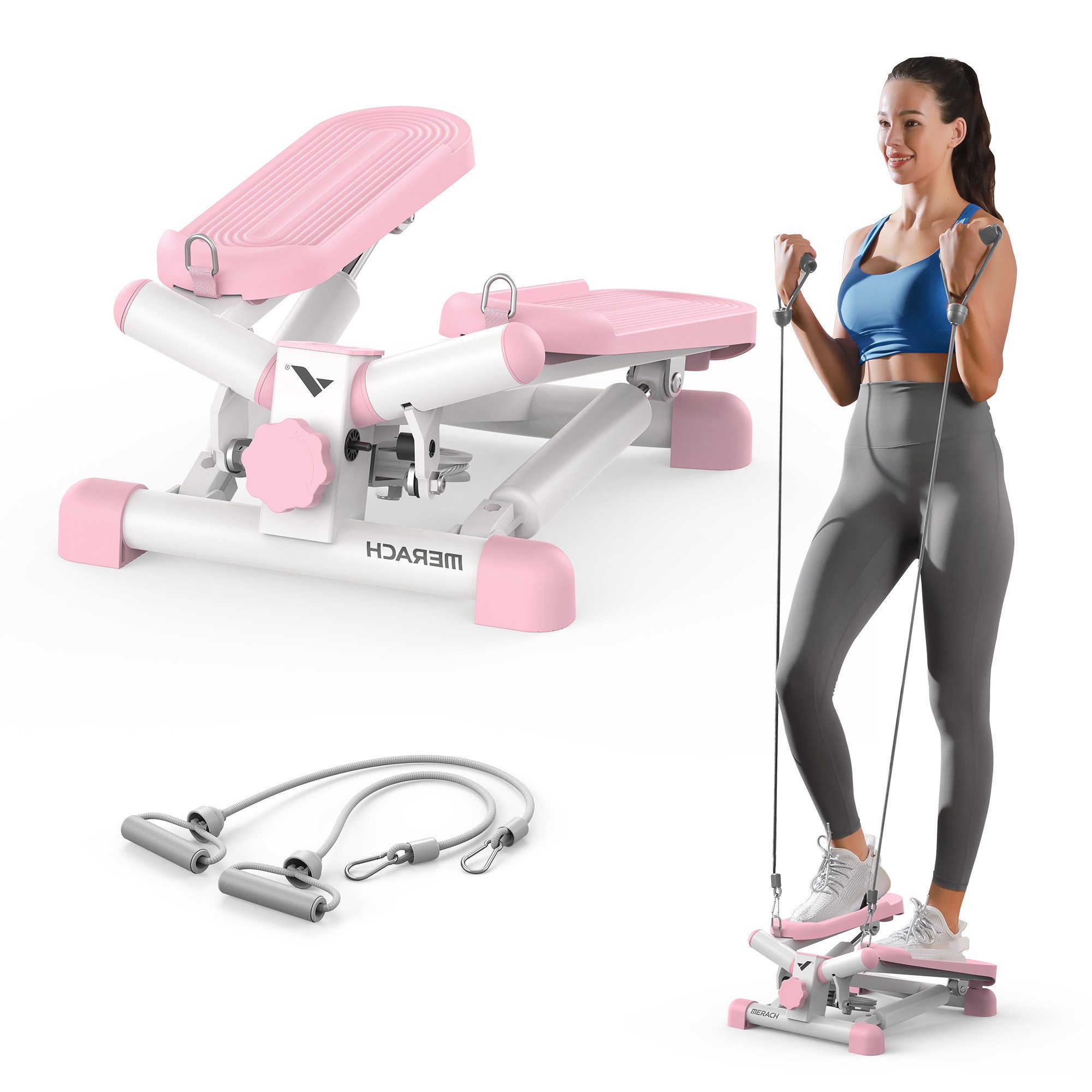 MERACH Mini-Stepper 2-in-1 Mini Stepper für Zuhause, Drehstepper und Sidestepper (mit LCD-Monitor, Power Ropes, Belastbarkeit bis 150 kg, für Bein/Arm/Butt Training, Anfänger & Fortgeschrittene), Fitnessübungen für das Heimbüro, Hometrainer Widerstand