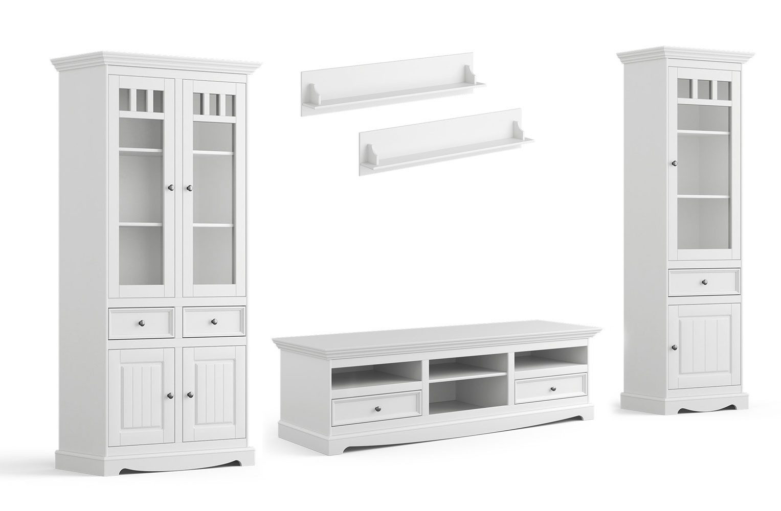 Feldmann-Wohnen Wohnwand Belluno Elegante, (mit Schubladen, mit Türen, mit Glaseinsatz, 5-St., moderne Optik, 5-teiliges Wohnzimmer-Set), 5-teilig Massivholz gebeizt / Kiefer weiß (RAL9010) lackiert