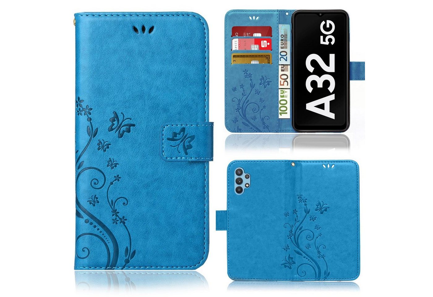 Numerva Handyhülle Bookstyle Flower Handytasche Schutzhülle für Samsung Galaxy A32 5G, Klapphülle Flip Cover mit Blumenmuster