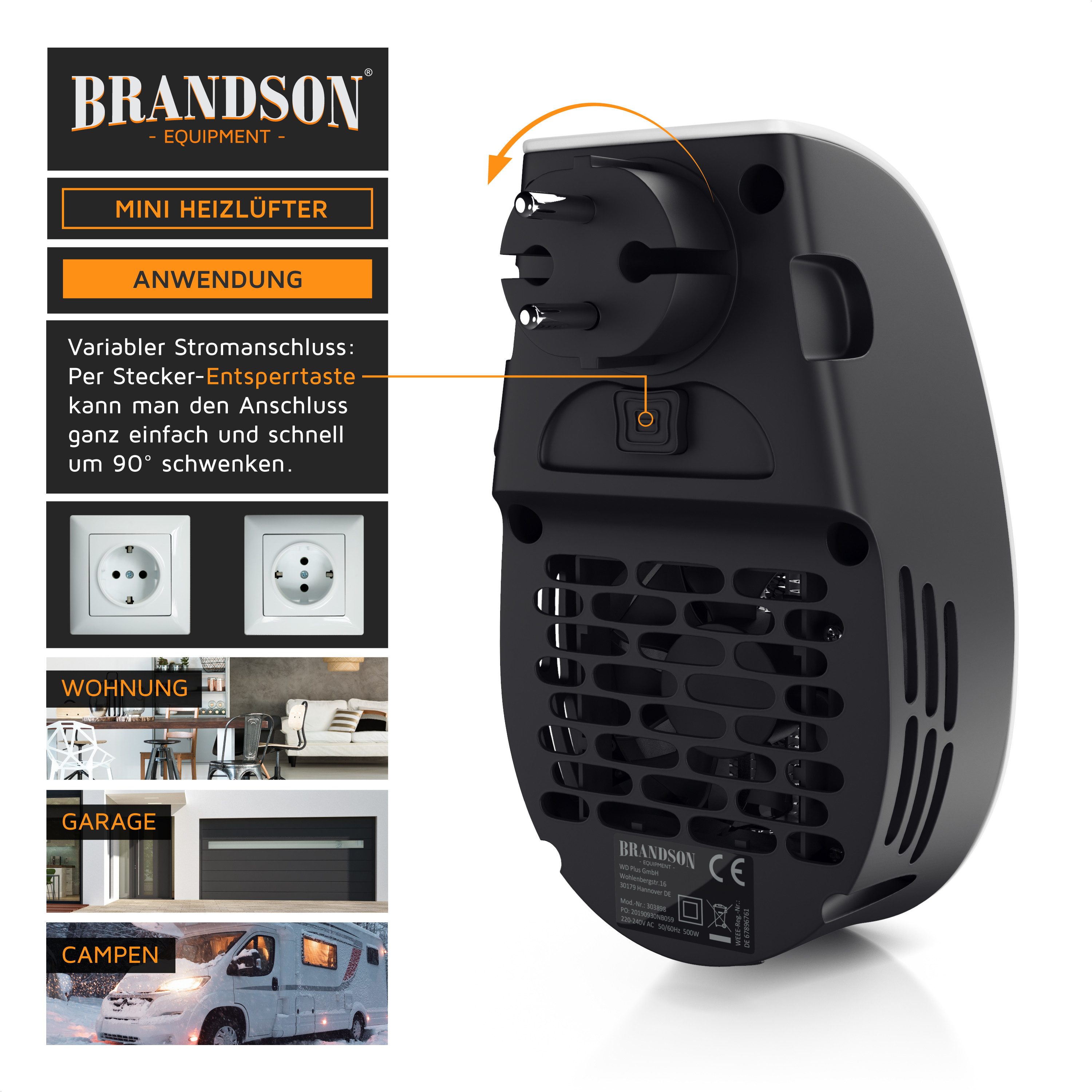 Brandson Keramikheizlüfter Steckdosen Mini Keramikheizgerät mit Temperaturregelung, Fernbedienung, 500 W, energiesparend, Mini Heizung, Thermostat, Timer, für B – Bild 4 von 5