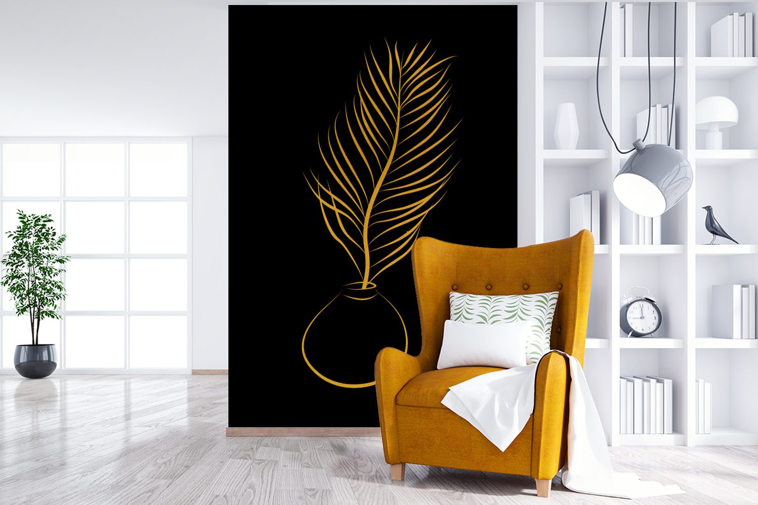 MuchoWow Vinyl Gold, Linienkunst Wohnzimmer, Wandtapete Pflanze Topf für (3 Tapete Montagefertig Fototapete - St), bedruckt, - Matt, -