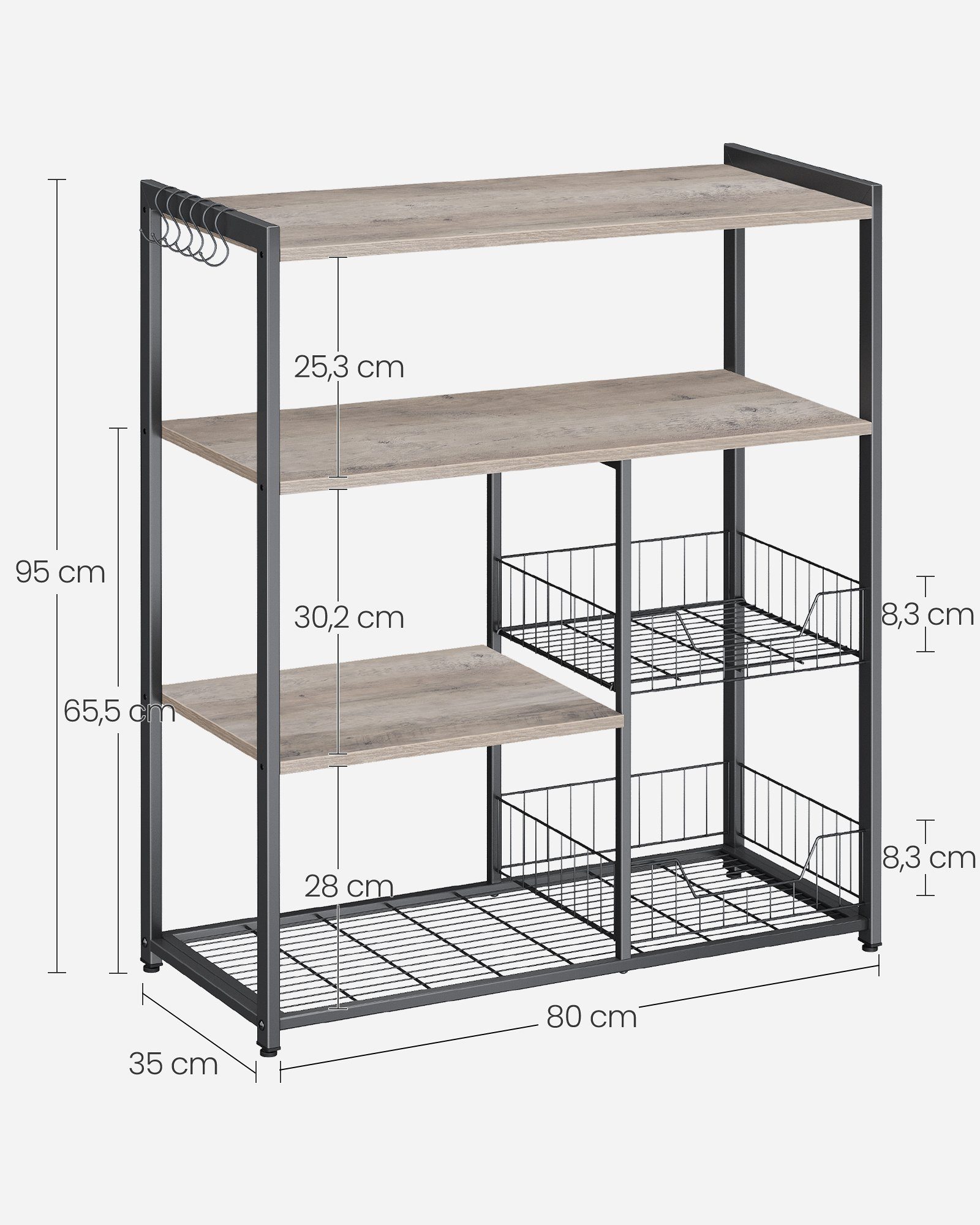 VASAGLE Küchenregal Standregal mit 2 Metallkörben, Bäckerregal mit Haken und Regalablagen, Mikrowellenregal, 35 x 80 x 95 cm – Bild 3 von 5