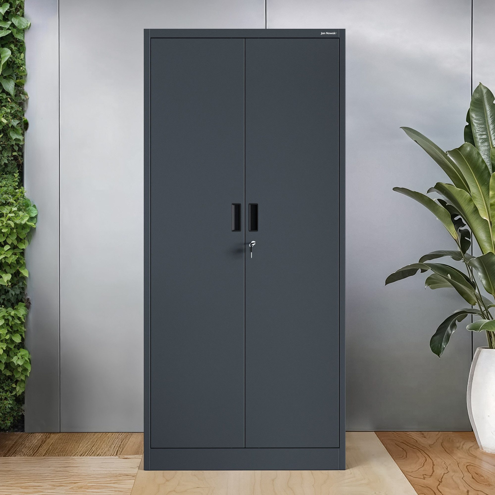 Jan Nowak Aktenschrank Metall Büroschrank abschließbar 80 cm JAN Compact 4 Böden Stahl (Stahl 0,6 mm Wandmontage möglich PZH-zertifiziert kompakt) Ordnerschrank Schloss 2 Schlüssel kompakt Werkstatt 4 Farben