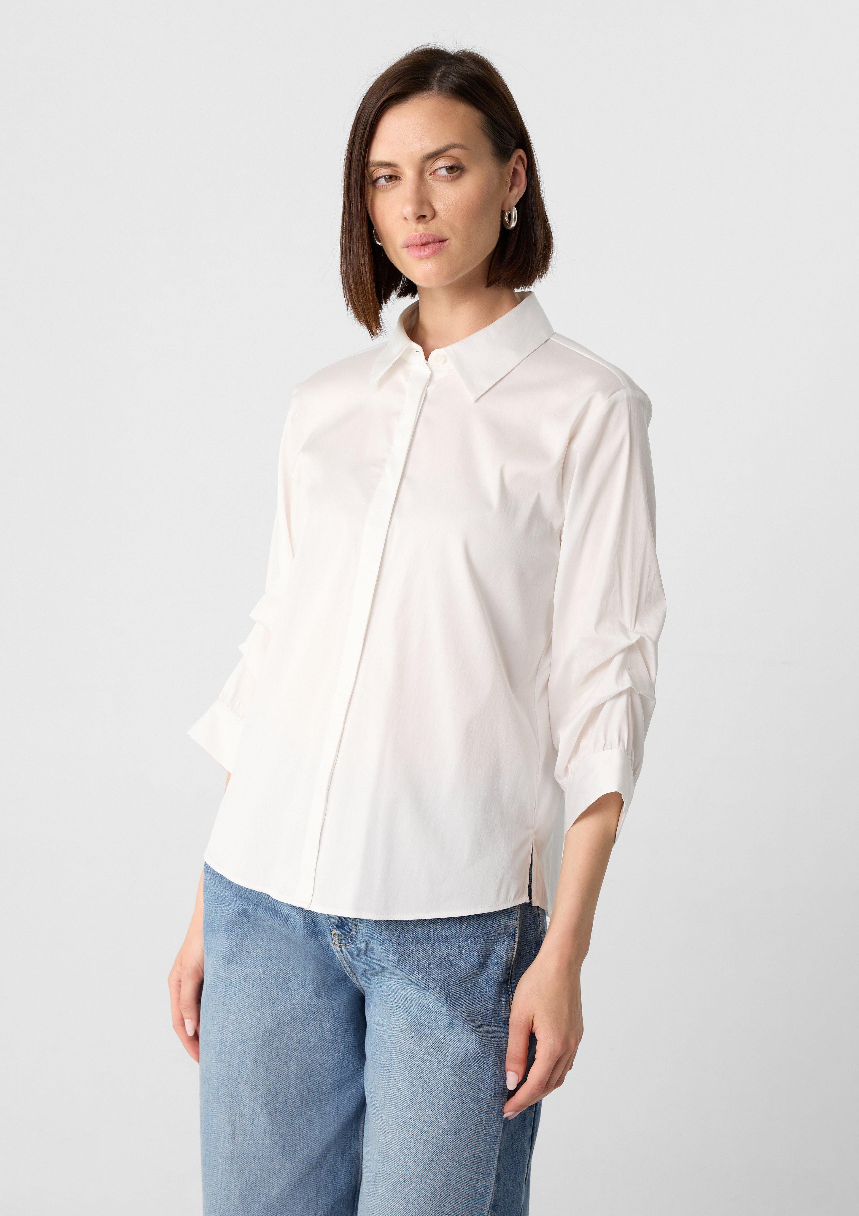 3/4-Arm-Shirt Elegante Baumwollmix-Bluse mit Faltendetail am Ärmel