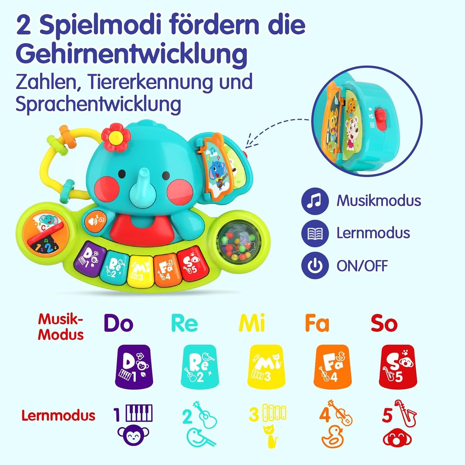 FELIXLEO Lernspielzeug Baby Spielzeug Elefant Klavier mit Licht Musik ab 1 Jahr