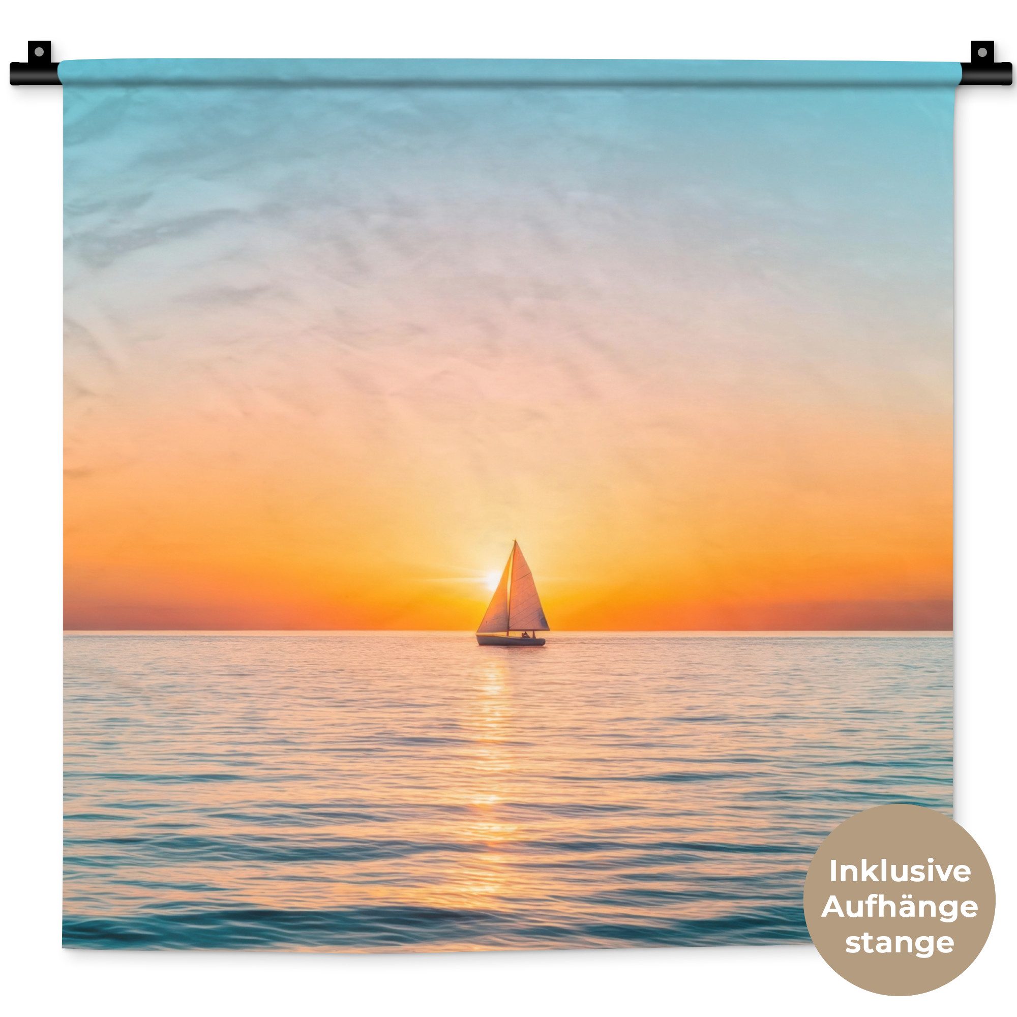 MuchoWow Wandteppich Meer - Segelboot - Sonnenuntergang, Quadratisch, Höhe: 3 mm, Wand Teppich, Deko für an den Wand, 60x60 cm