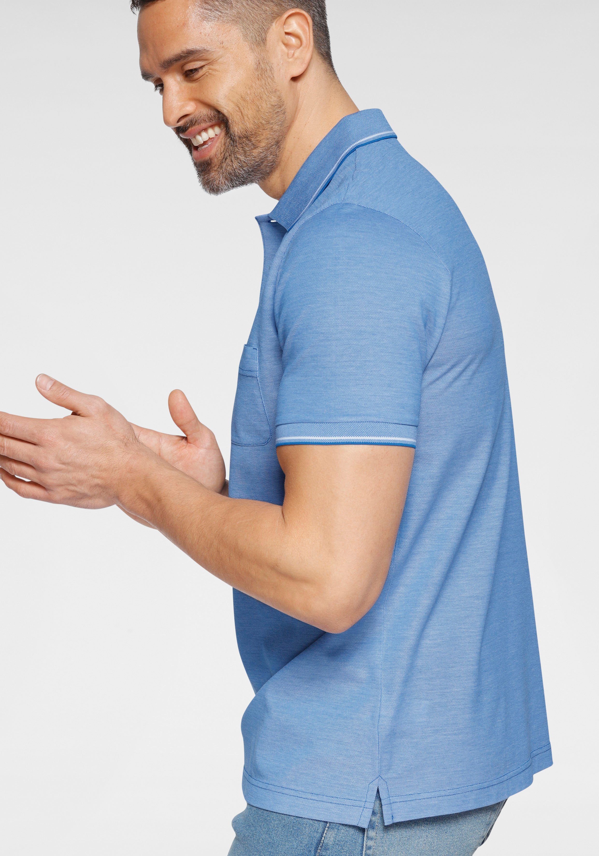 OLYMP Poloshirt in hochwertiger blau-meliert modern fit Piqué-Qualität Luxor