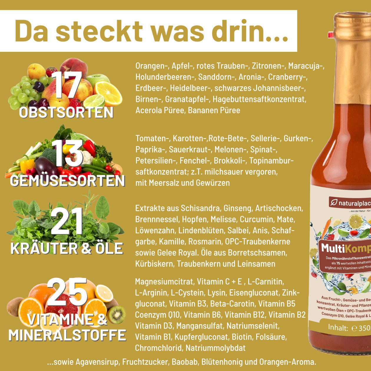 naturalplace® MultiKomplex - aus Früchten, Gemüse, Beeren, Kräutern und Pflanzen - Mikronährstoffkonzentrat, Multivitamin, 350 ml, über 75 hochwertige Inhaltsstoffe + OPC, Q10, Gelee Royal, L-Carnitin
