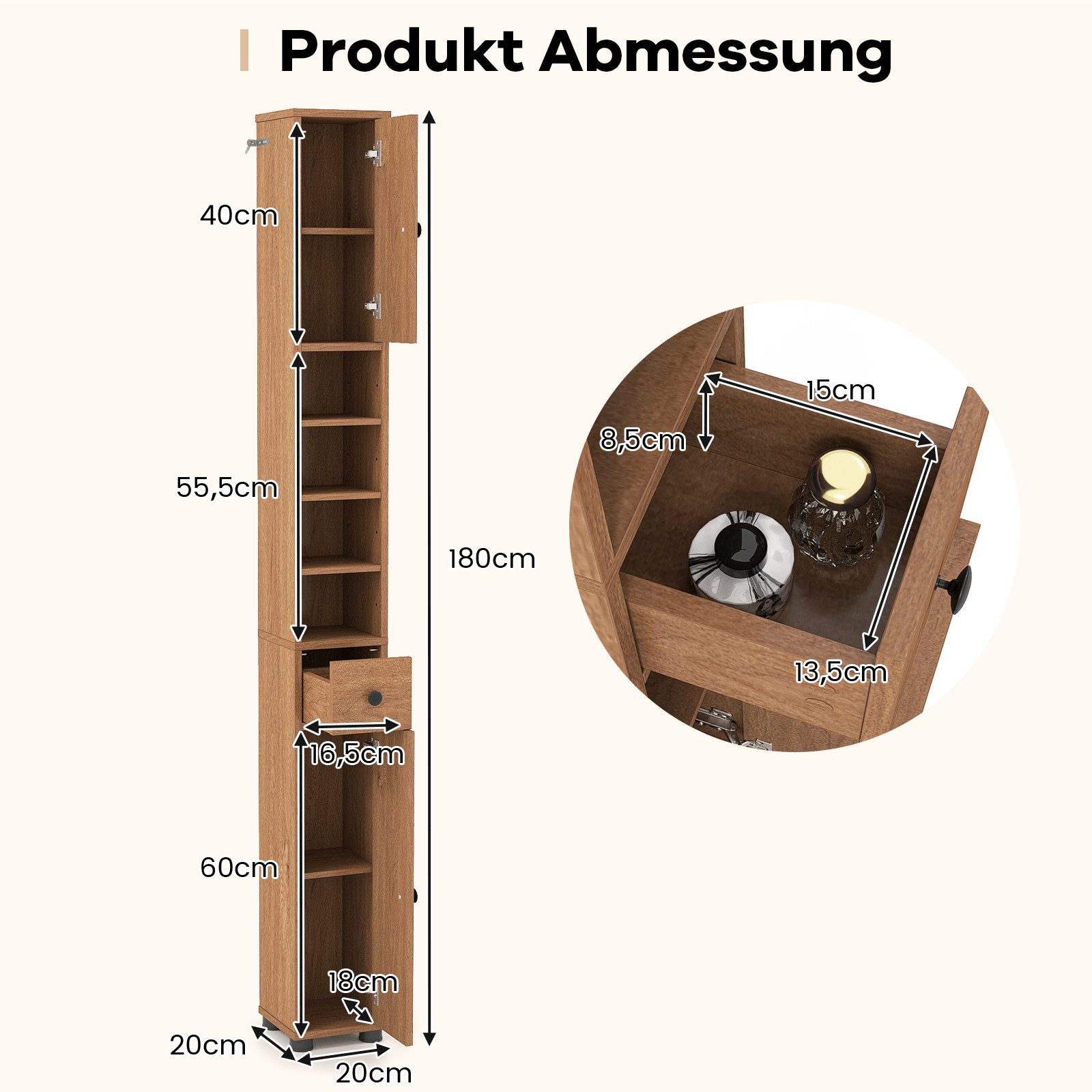 COSTWAY Hochschrank Badschrank schmal, verstellbaren Regal 180cm Weiß – Bild 5 von 5