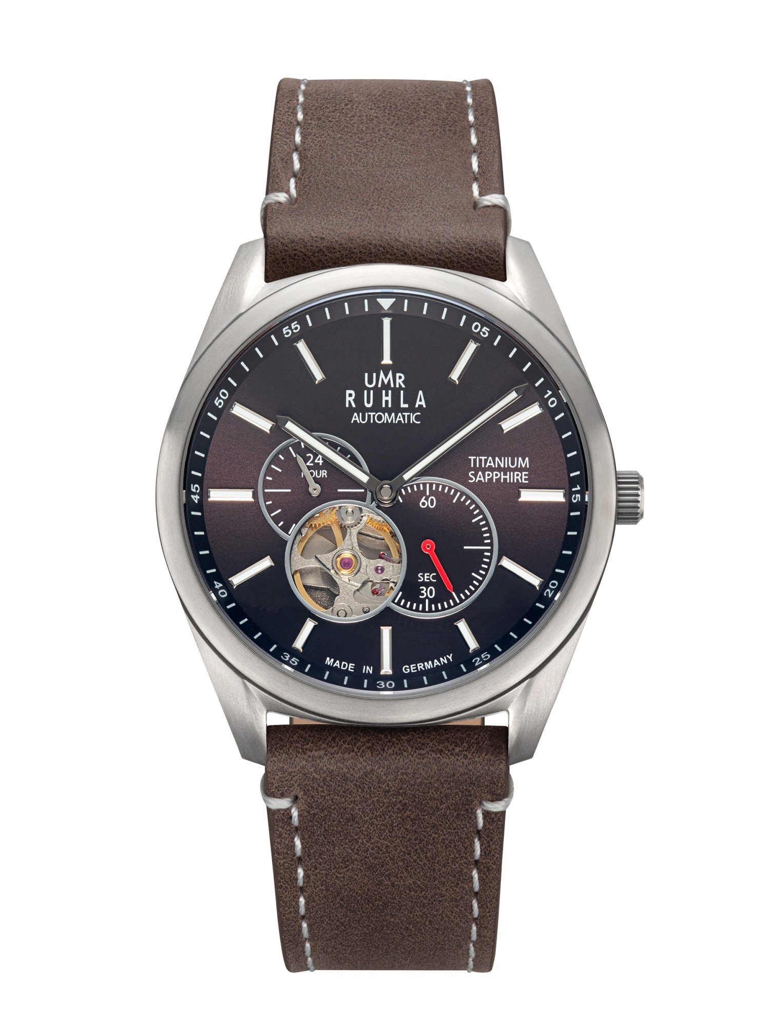 UMR Ruhla Automatikuhr 80302 Titan Herrenuhr Open Heart Lederband Braun 42 mm, Made in Germany