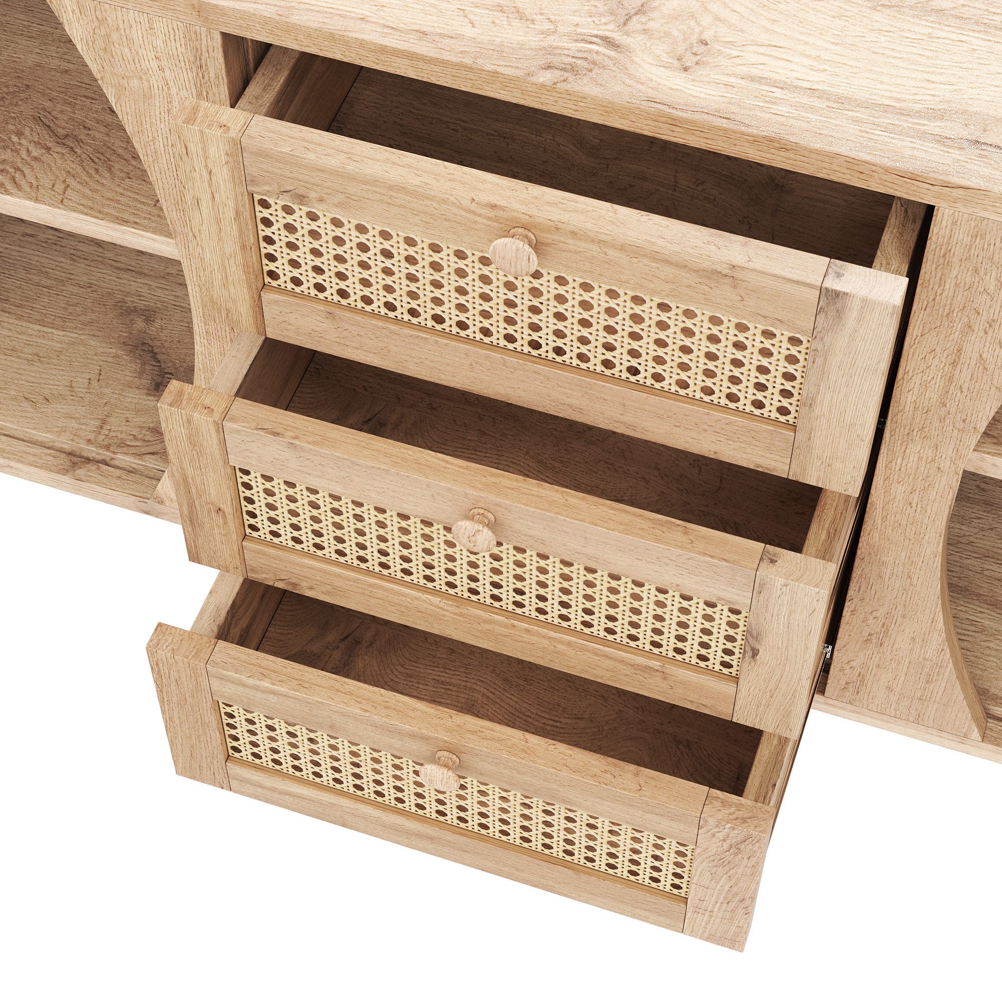 Merax Sideboard in Holzoptik mit Rattanschubladen (Anrichte Buffetschrank 140,5x40x76cm, 1 St., für Wohnzimmer, Esszimmer und Flur), Kommode mit Schiebetüren, abgerundeter Platte & großem Stauraum