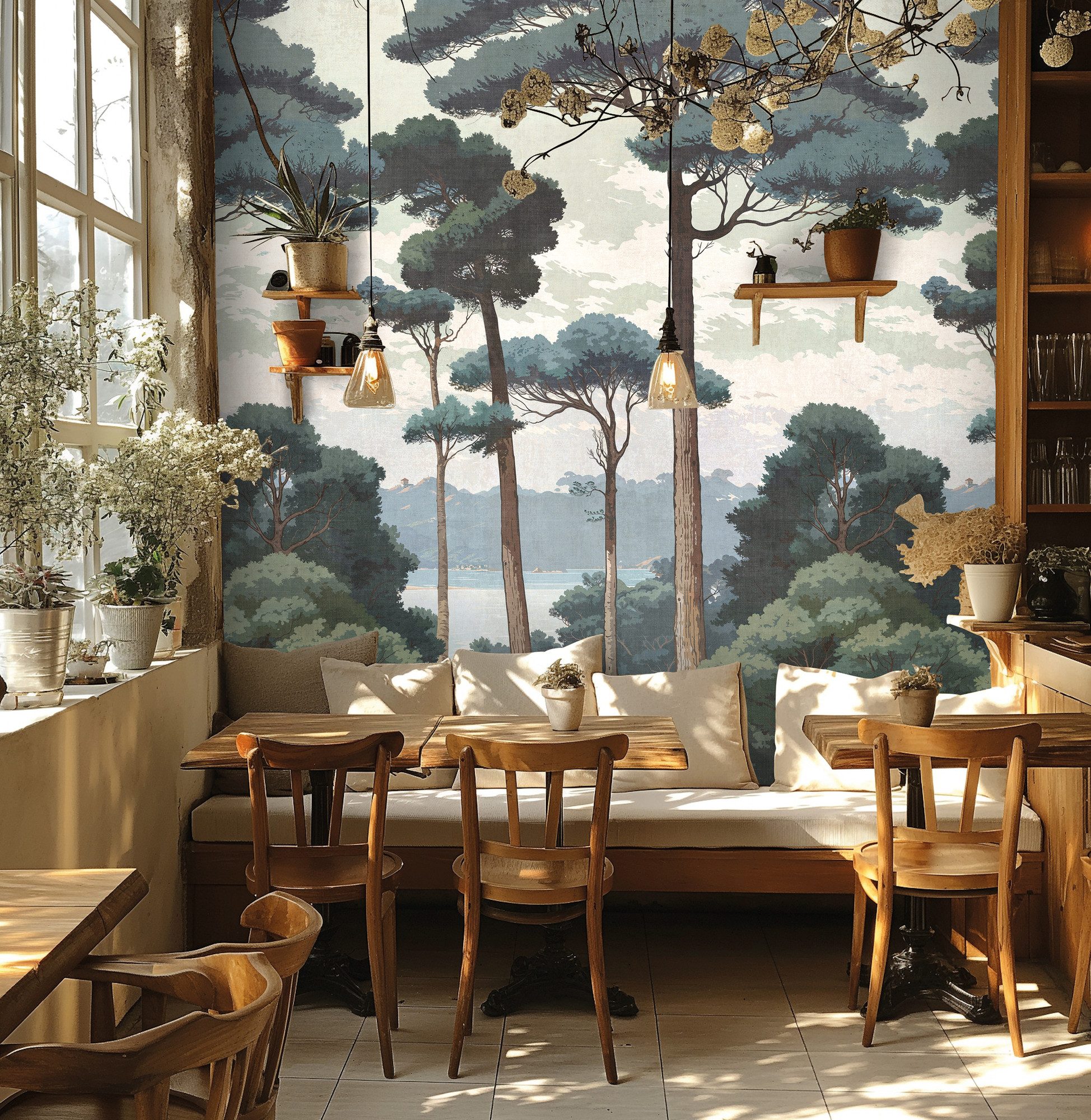 living walls Vliestapete Fototapete Wald Kiefern Grau Grün erweiterbar, strukturiert, Wald, (1 St)