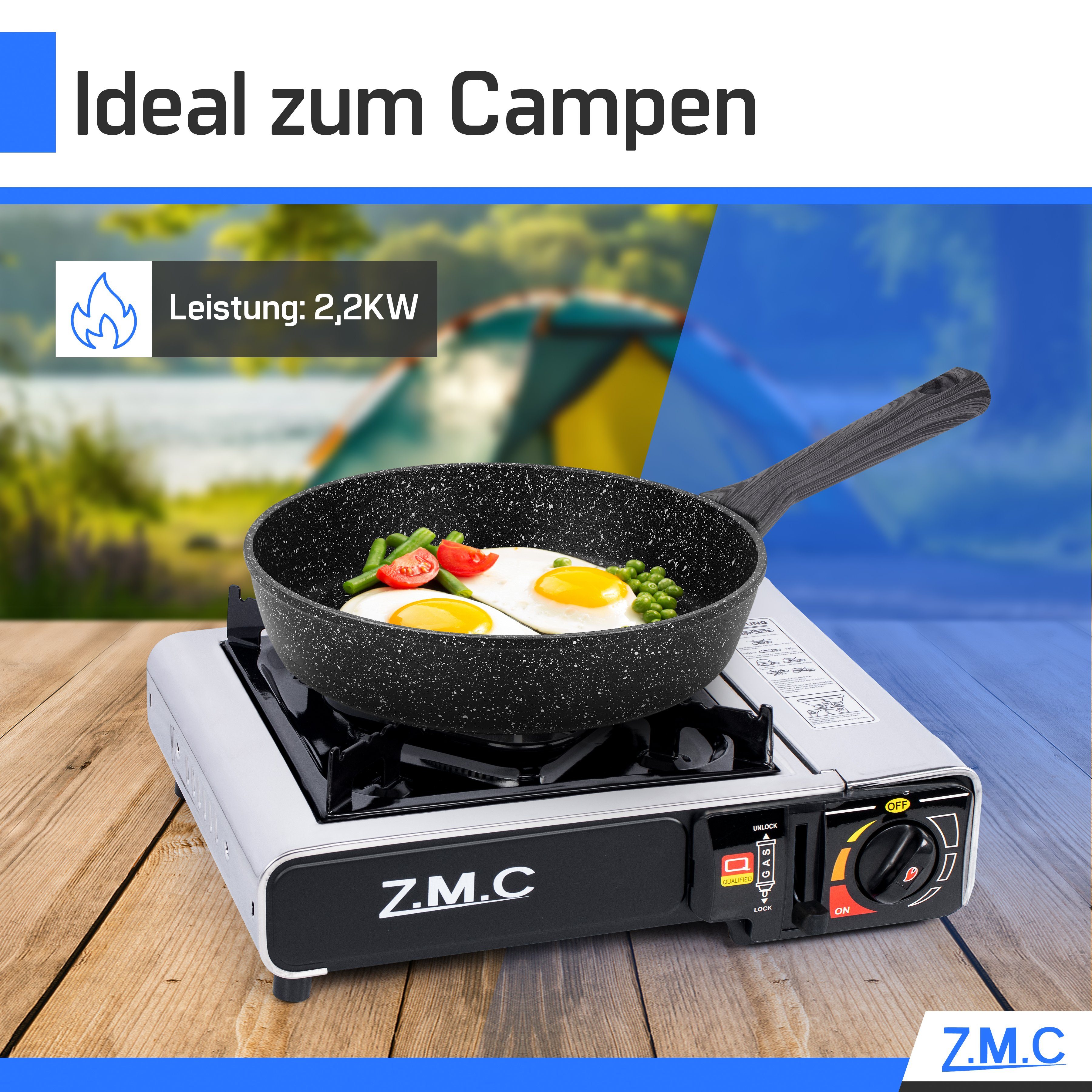ZMC Gaskocher Edelstahl Gaskocher 1-flammig + Aufbewahrungskoffer + 24 Gaskartuschen, (Butangas Campingkocher für Innenraum/Outdoor, Campinggaskocher 2,2 kW mit – Bild 4 von 5