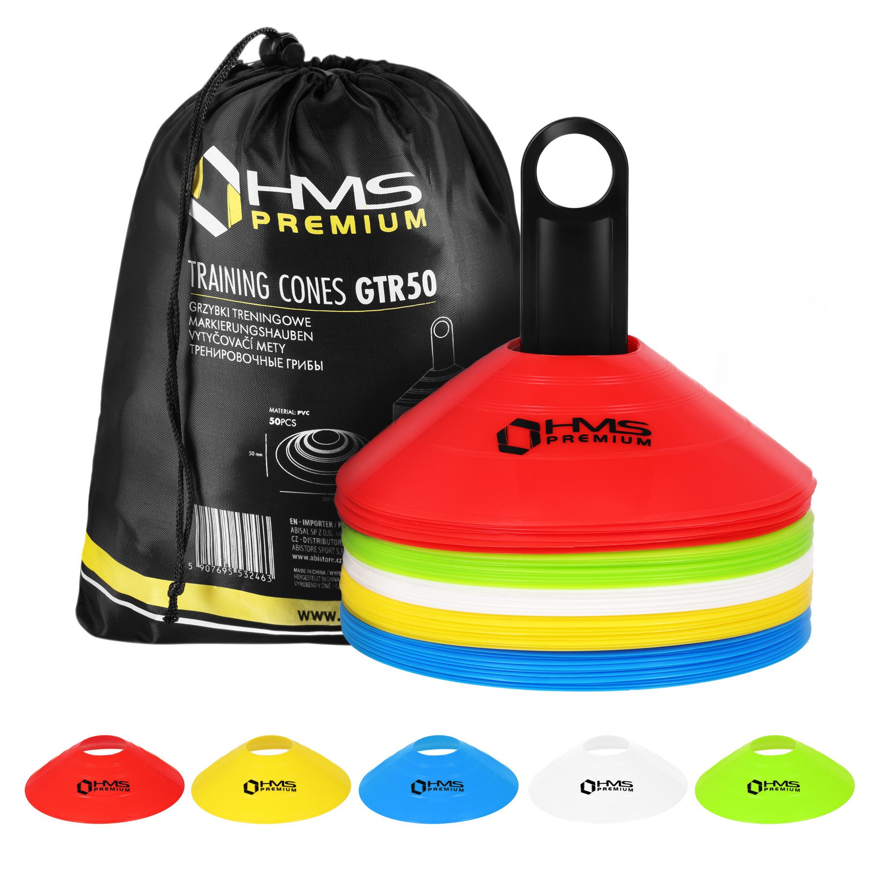 HMS Premium Отметкаshütchen 50 Stk Отметкаshauben Slalom Hütchen Training, 5 verschiedene Farben je 10stk