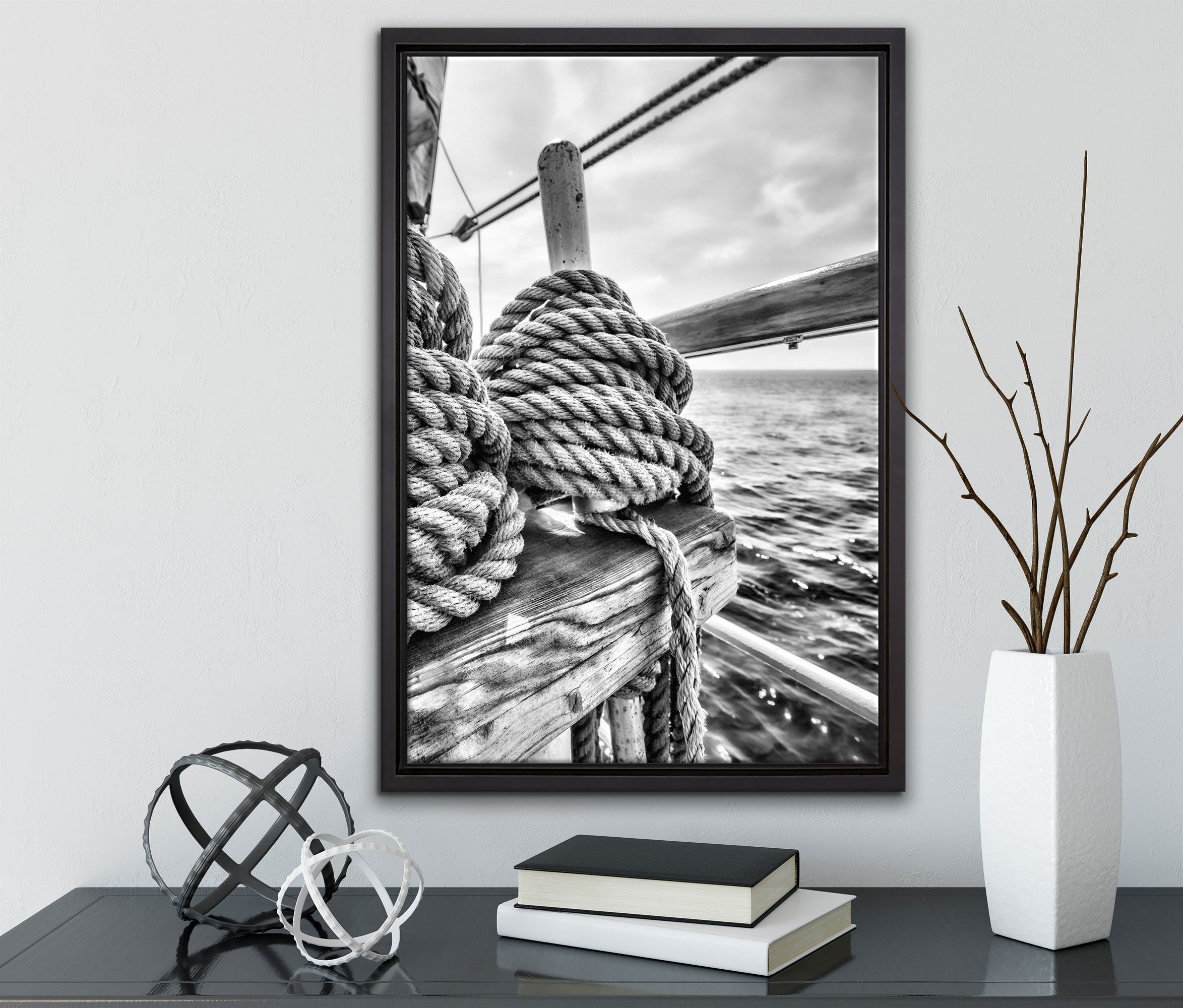 Pixxprint Leinwandbild Tau Seil inkl. Schiff, Zackenaufhänger Wanddekoration bespannt, auf Leinwandbild fertig einem (1 St), gefasst, Schattenfugen-Bilderrahmen in