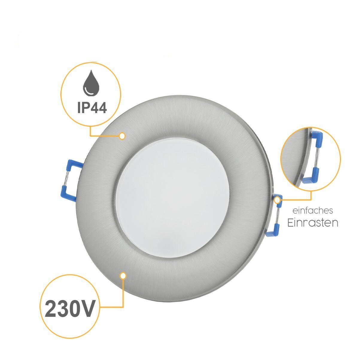 Sweet LED LED Einbaustrahler 5er Set flach IP44 für Bad & Küche 6,5W 230V, LED fest integriert, 3000K - warmweiß, Deckenspots, Deckenstrahler, Einbauleuchten