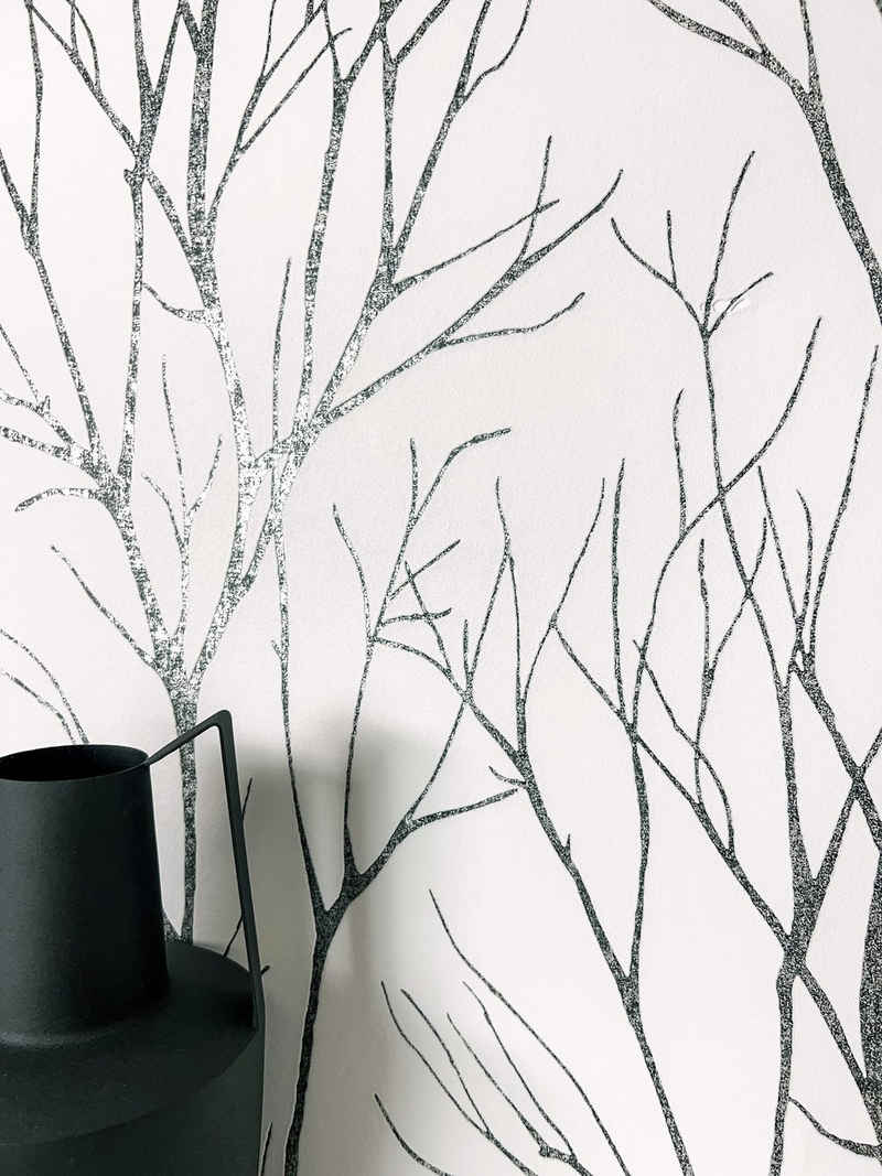 Newroom Vliestapete, Weiß Tapete Floral Äste - Blumentapete Äste Schwarz Romantisch 3D Optik Zweige für Schlafzimmer Wohnzimmer Küche