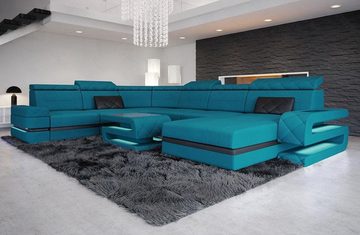 Sofa Dreams Wohnlandschaft Polster Stoff Couch Sofa Bologna XXL U Form Stoffsofa, Mikrofaser, mit LED, Schlafsofa Betfunktion, USB-Anschluss, Designersofa