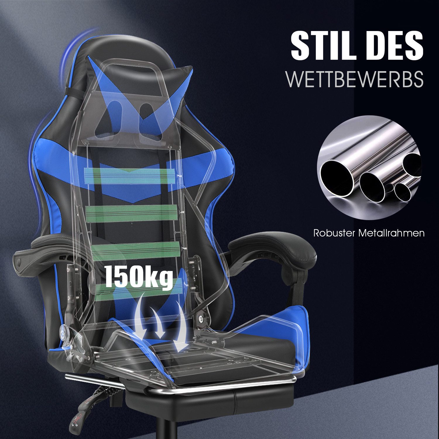 oyajia Gaming-Stuhl Ergonomischer Gaming Sessel mit Fußstütze und Kopfstütze Atmungsaktiv, mit abnehmbarem Kopfkissen, maximale Belastbarkeit 150 kg – Bild 5 von 5