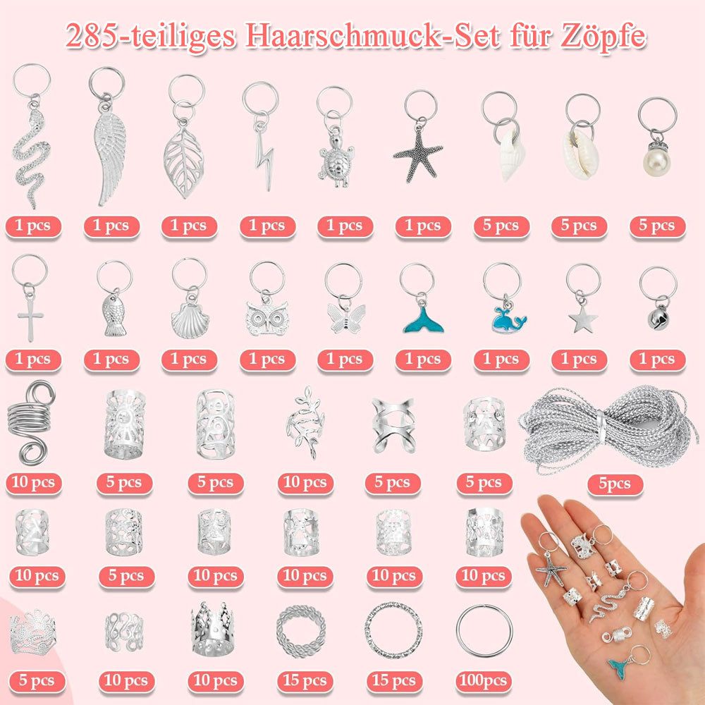 HoyoLee Haarspange 285 Stück Haarschmuck für Zöpfe, Verstellbar Metall Haar, Loc-Charms
