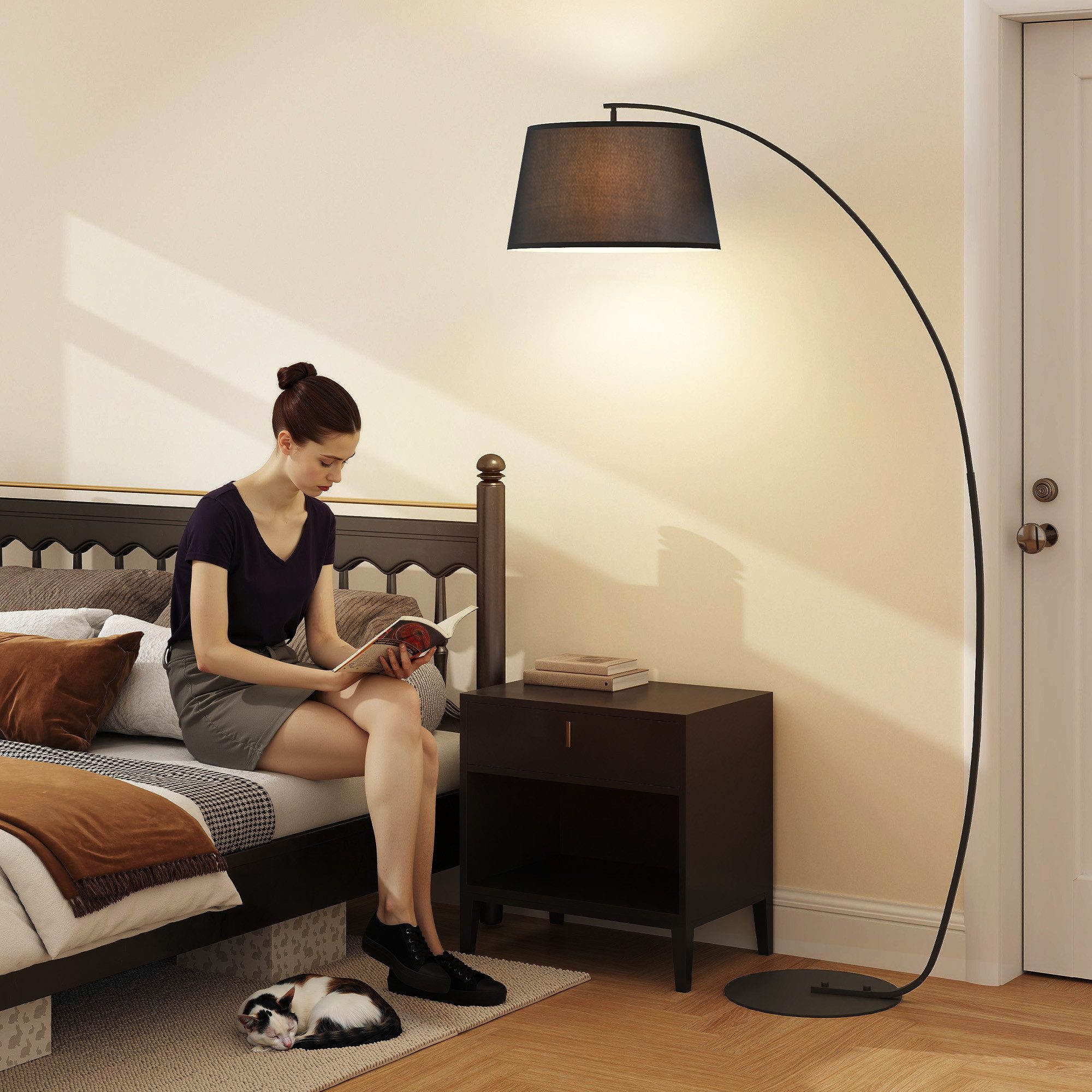 HOMCOM Stehlampe Wohnzimmer Stehleuchte mit Lampenschirm aus Stoff, Fußschalter, ohne Leuchtmittel, mit Metallständer für Schlafzimmer, Schwarz