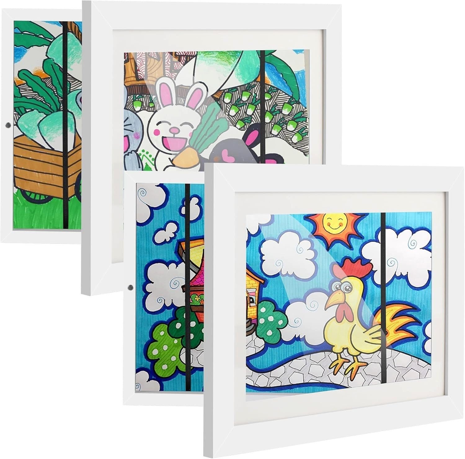 Zengi Bilderrahmen-Set Aufbewahrung 50–150 Zeichnungen pro Stück Bildwechsel ohne Werkzeug, für 2 Bilder (Set, 2 St), A4-Holzrahmen mit Magnetverschluss, Acrylscheibe, horizontal/vertikal aufhängbar, sichere glatte Kanten