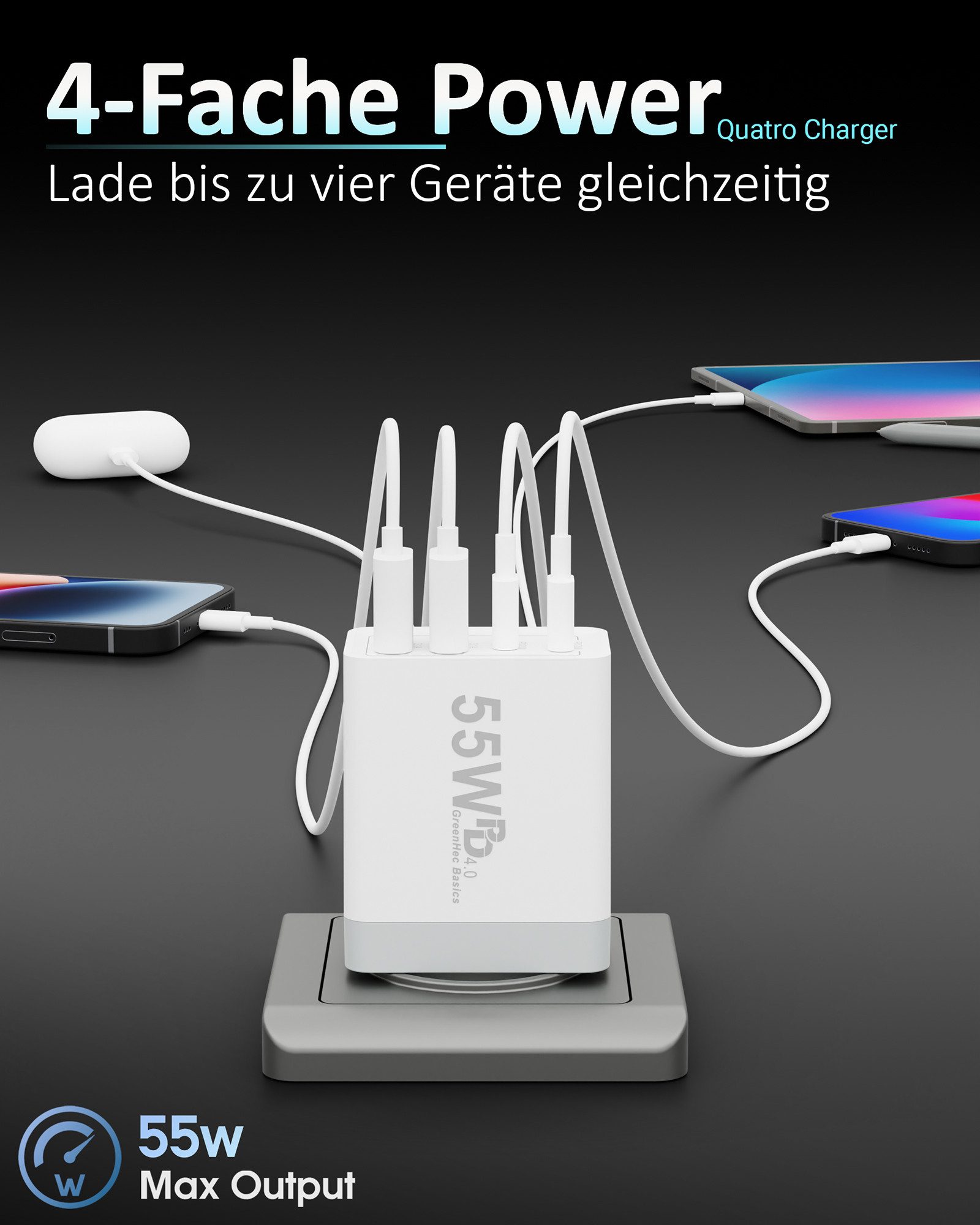 GreenHec Schnellladegerät USB-C iPhone mehrfach Handy Stecker Adapter mit Kabel USB-Ladegerät (0,00 mA, Spar-Set, 55w Quarto Charger + 1m USB-C Kabel, iPhone 17 16 15 14 13 12 iPad Pro Max Air Netzteil + 1m Ladekabel Fast)