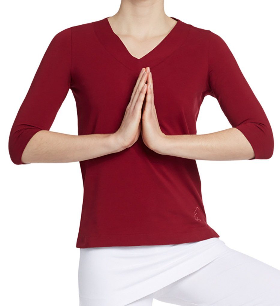 ESPARTO Yogatop Damen-Shirt Sundar in und Ärmel, Bio-Baumwolle 2/3 geschnitten leicht Granatrot geschlitzt, lang V-Ausschnitt
