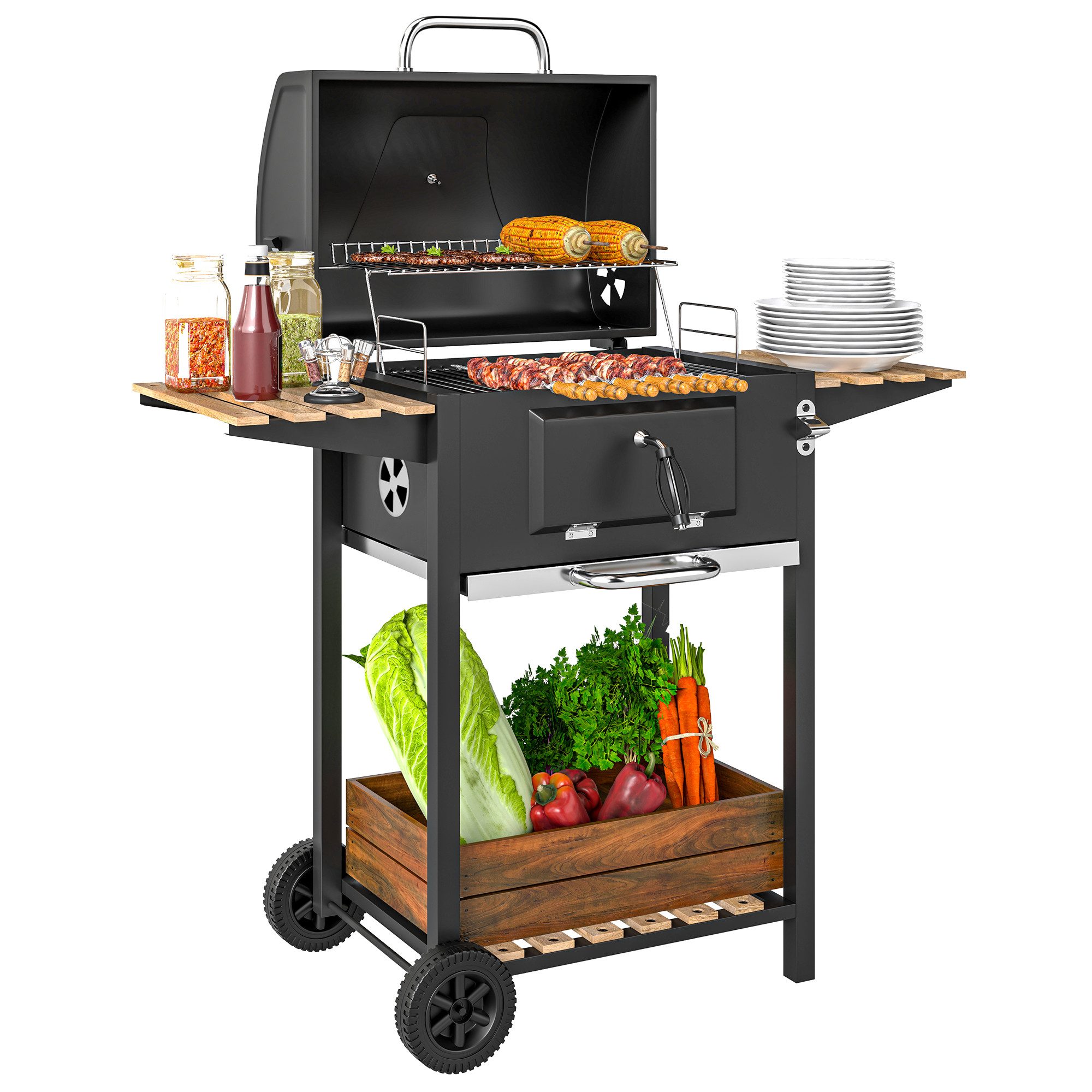 MC Star Holzkohlegrill Holzkohlegrill, höhenverstellbare Kohlenpfanne, Grillwagen, Regale, Thermometer, Flaschenöffner, Stahl, Holz, Schwarz