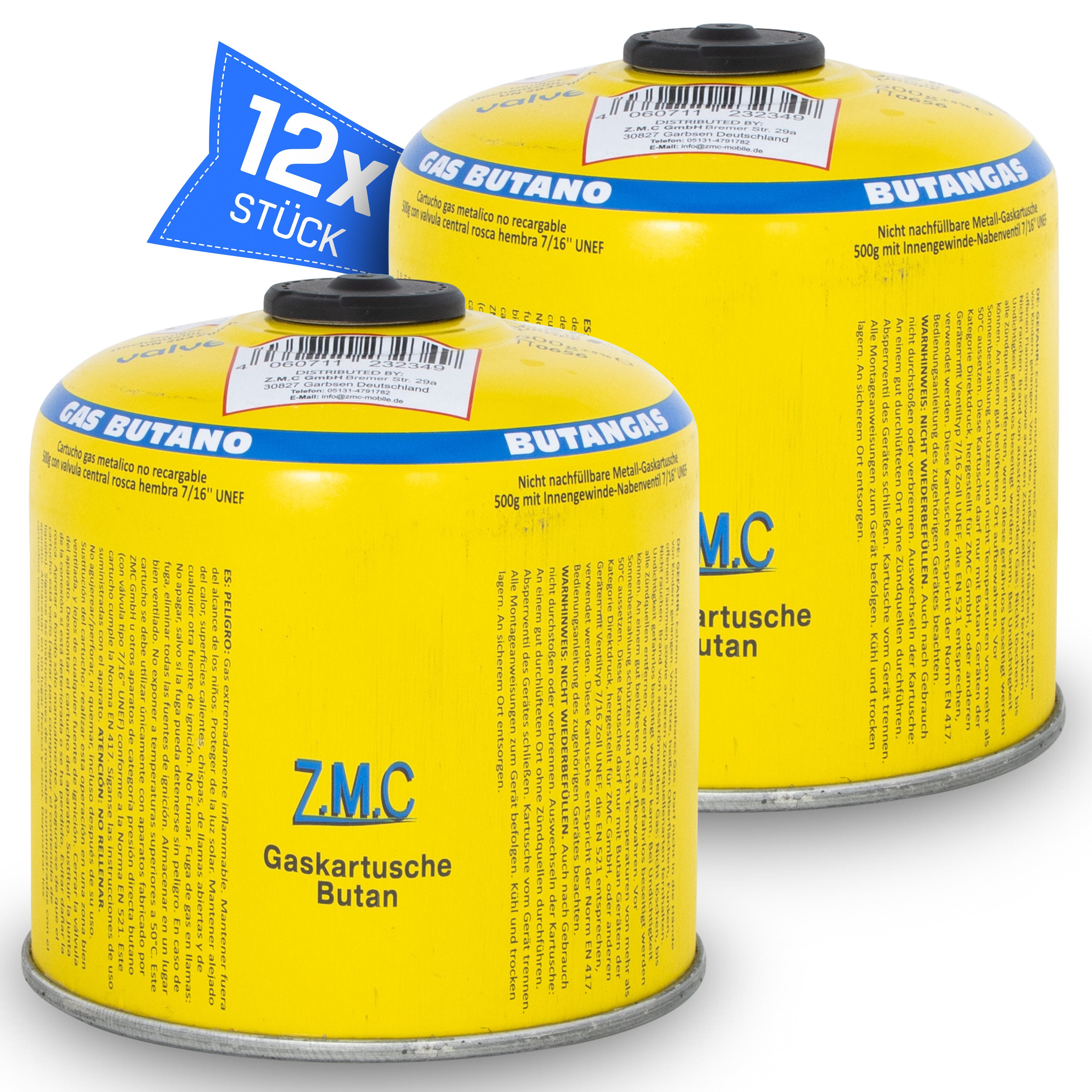 ZMC Gaskartusche Universal Camping Propan Butan Gas 500g Schraubventil Gaskartusche, Zubehör für Butangas Druckgasdose Gaskocher / Gaslötgeräte / Abflammgeräte Eurogewinde, 12 St., Schraubventil Gaskartuschen 990ml Ventilkartusche Gewindeanschluß
